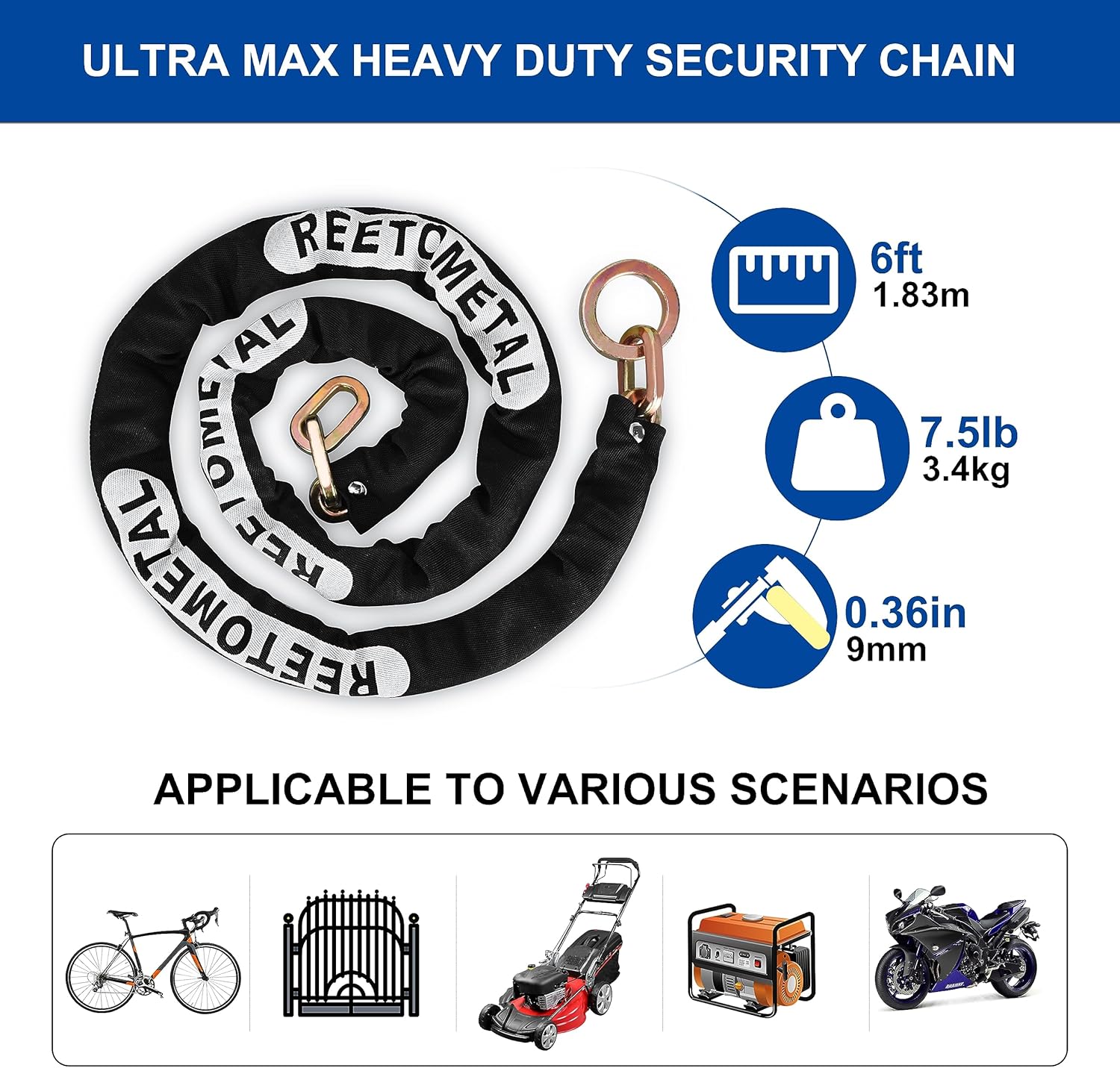 Heavy Duty Security Chain with Hidden Shackle Puck Lock, 6 Foot x 3/8" Thick Hardened Steel Cut-Proof Anti-Theft Chain for Motorcycles, Bikes, Trailers, Fences, Containers