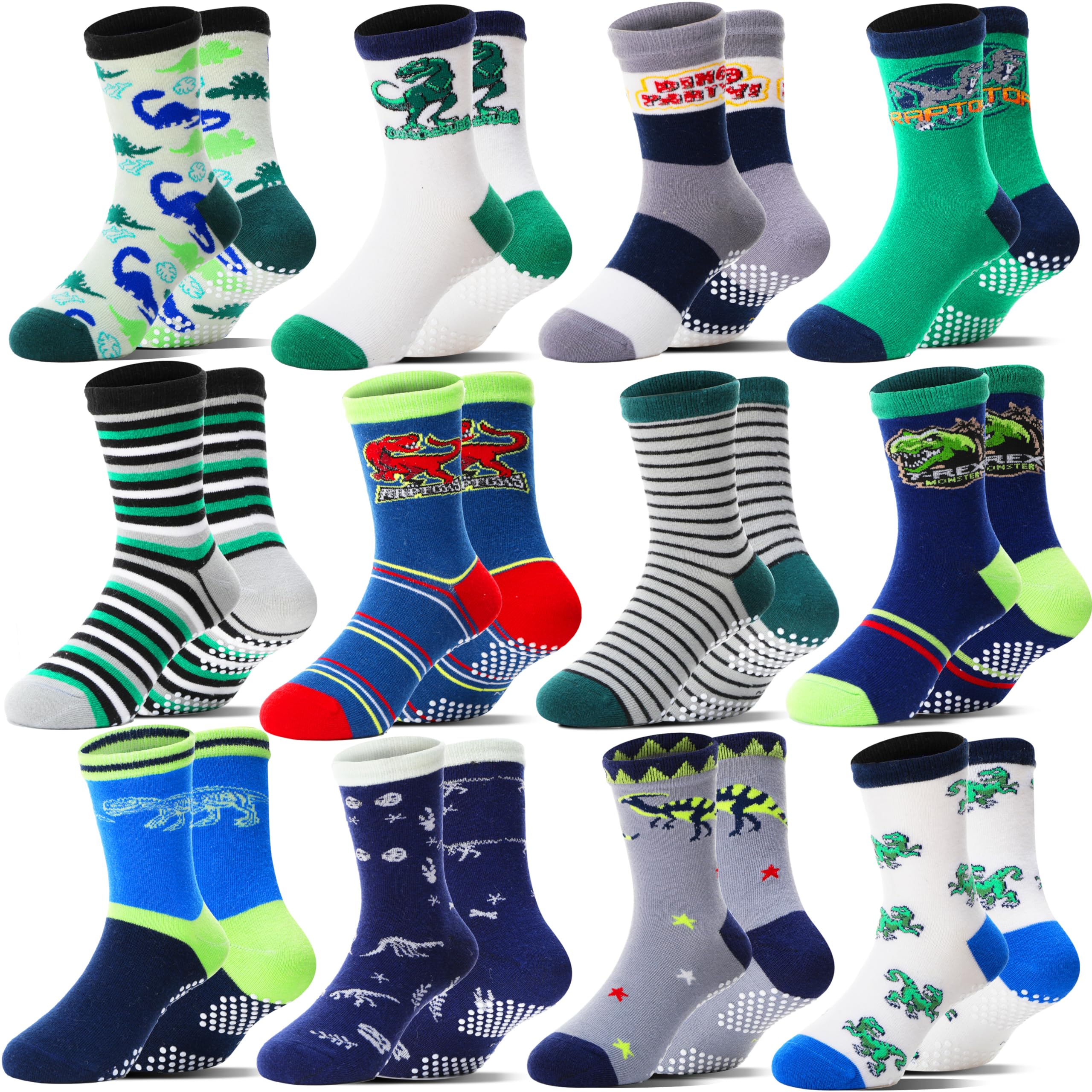 Welwoos Stoppersocken Kinder Baby Jungen Antirutschsocken Kinder Anti Rutsch Rutschfeste Lustige Geschenk Baumwolle Socken Kinder Jungen 12 Paare(Dinosaurier,19-22)