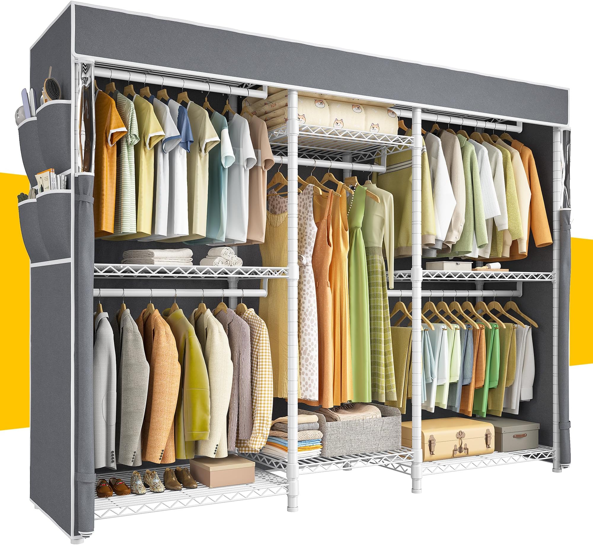 Raybee Clothes Rack with Cover,Clothing Racks for Hanging Clothes Heavy Duty,Portable Closet with Shelves,Adjustable,Loads 905 LBS,White,75" W*17.8" D*77" H