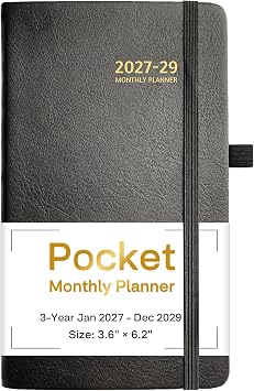 2027-2029 Pocket Monthly Planner, 3 Year Calendar 2027-2029, 6.2 x 3.6, Small Calendar 2027, 36 Months from Jan 2027 - Dec 2029, Hardcover, Back Pocket, Thick Paper, Lightweight to carry, Black