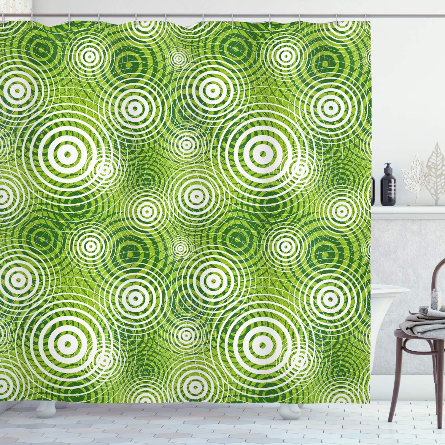 Ambesonne Abstract Shower Curtain, Circular Round Shaped Inner Geometric Eco Wavelength Illustration, Cloth Fabric Bathroom Decor Set with Hooks, 69" W x 70" L, Hunter Green White