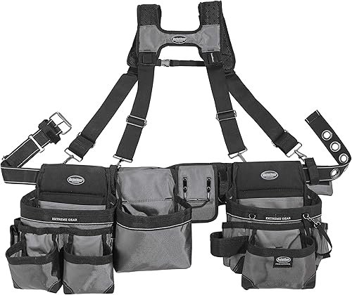 Bucket Boss Mullet Buster - Cinturón de herramientas de 3 bolsas con tirantes en gris, 55135, negro, tamaño completo