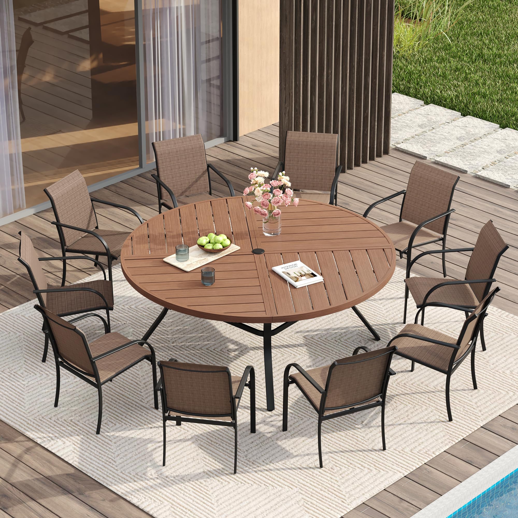 VICLLAX Patio Table and Chair Set of 10, All Weather Metal Round Outdoor Dining Furniture Set-59.9" Round Outdoor Table and Chairs, Walnut Wood Grain Tabletop