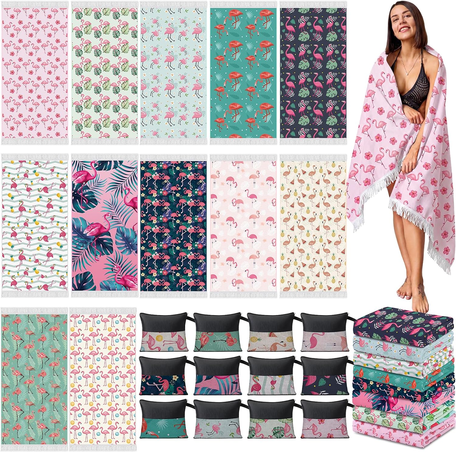 Peryiter 24 Pack Microfiber Oversize Turkish Beach Towel Set 12 Large Absorbent Beach Towels with 12 Storage Bag 28 x 55 Quick Dry Lightweight Bath Towel Blanket for Hawaii Camp Swim Pool(Flamingos)