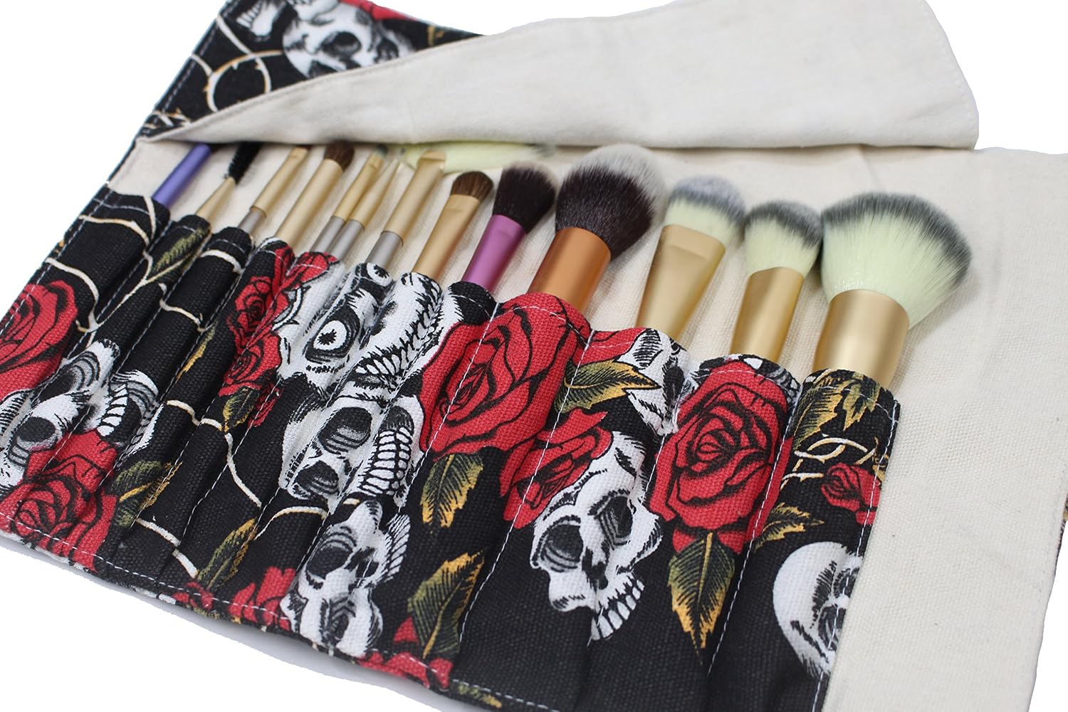 12 Pockets Makeup Brushes Rolling Case Pouch Holder Cosmetic Bag Organizer Case with Belt Strap, NO BRUSHES (Black Rose)