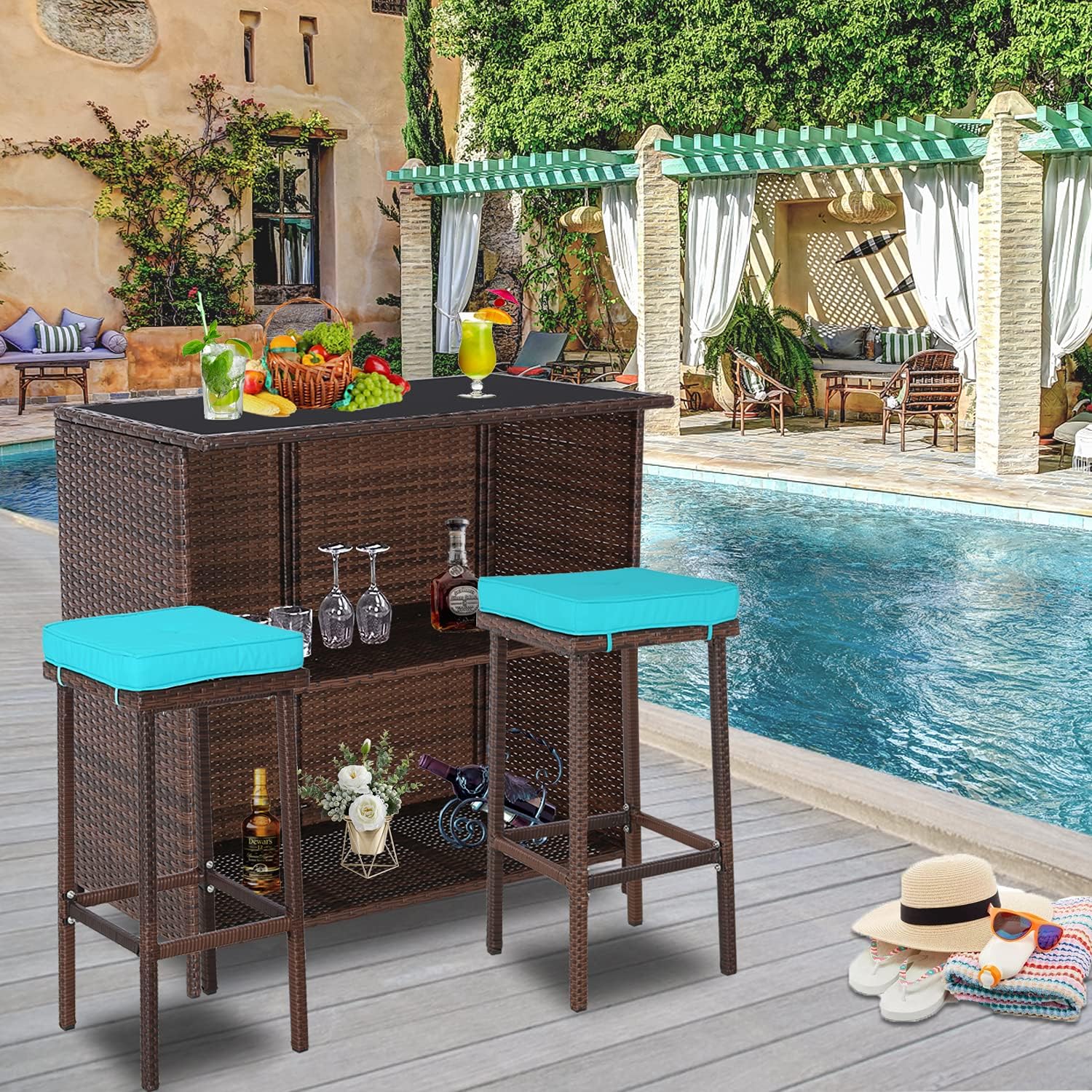 Do4U 3 Pieces Patio Bar Table Set Outdoor Wicker Bar with 2 Storage Shelves Glass Top Table Cushioned Chairs for Poolside (Tropical Blue)