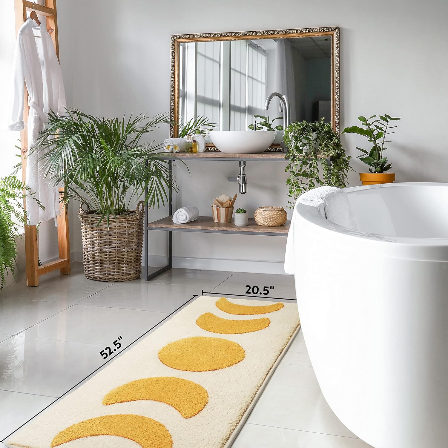 Half Moon Bath Mat 52.5″ x 20.5″ – Non-Slip, Water-Absorbent Bathroom Runner with Moon Phase Witchy Boho Design – Yellow