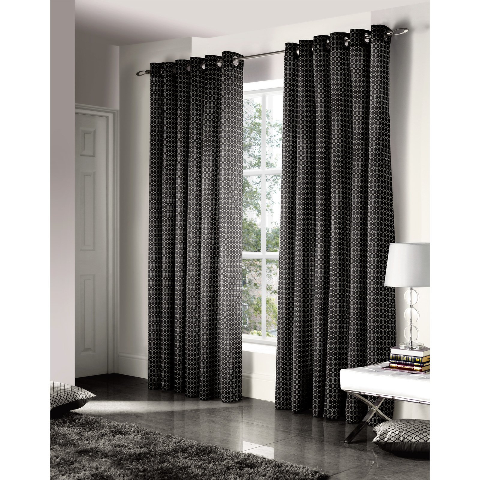 Just Contempo Geometric Eyelet Lined Curtains, Black, 66x54 inches