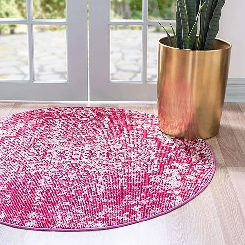 Unique Loom Charm Collection - Alfombra de área moderna, abstracta, bohemia, envejecida, borde, 4' 0" x 4' 0", fucsiamarfil