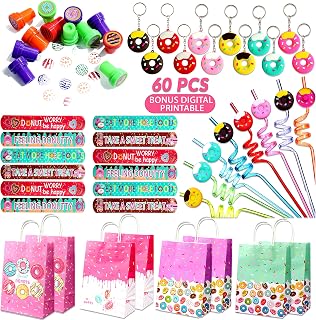 Happy Greetings 72 Pcs Donut Party Favors - 12 Sets of Donut Party Bags Keychain Wristband Stamps Straw Stickers for Boy Girl Sweet Doughnut Birthday Party Gift Bag Fillers