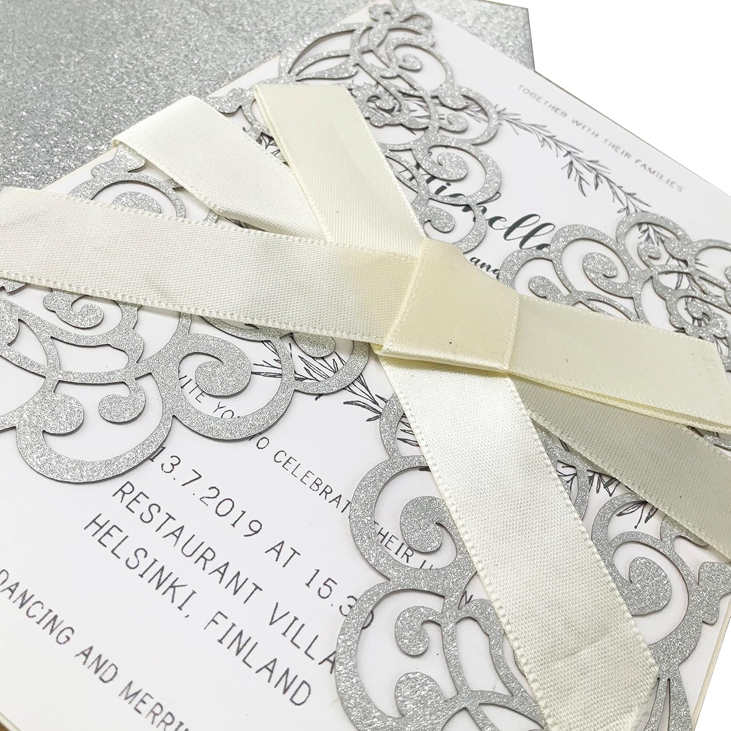 50Pcs Laser Cut Wedding Invitation With Glitter Envelopes And Ribbons Blank Personalized Card Invitaciones Para quinceañera Birthday Baby Shower Christmas Party Bridal Shower (Silver)