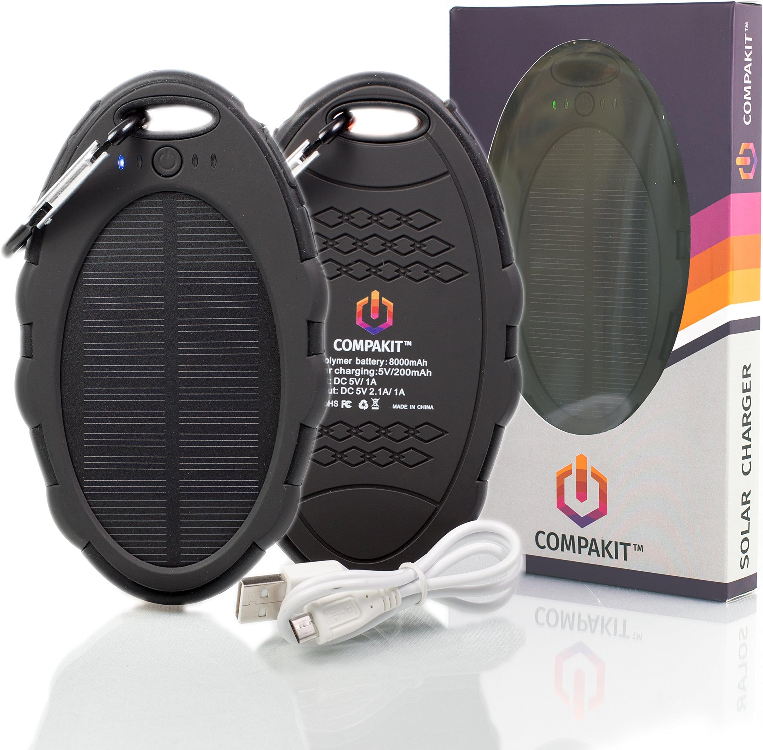 Solar Phone Charger by Compakit | High Capacity 8000 mAh Dual USB Solar Power Bank | Portable External Battery Charger | Universal Compatibility Cell Phone Battery Pack | Perfect Gift for Men & Women