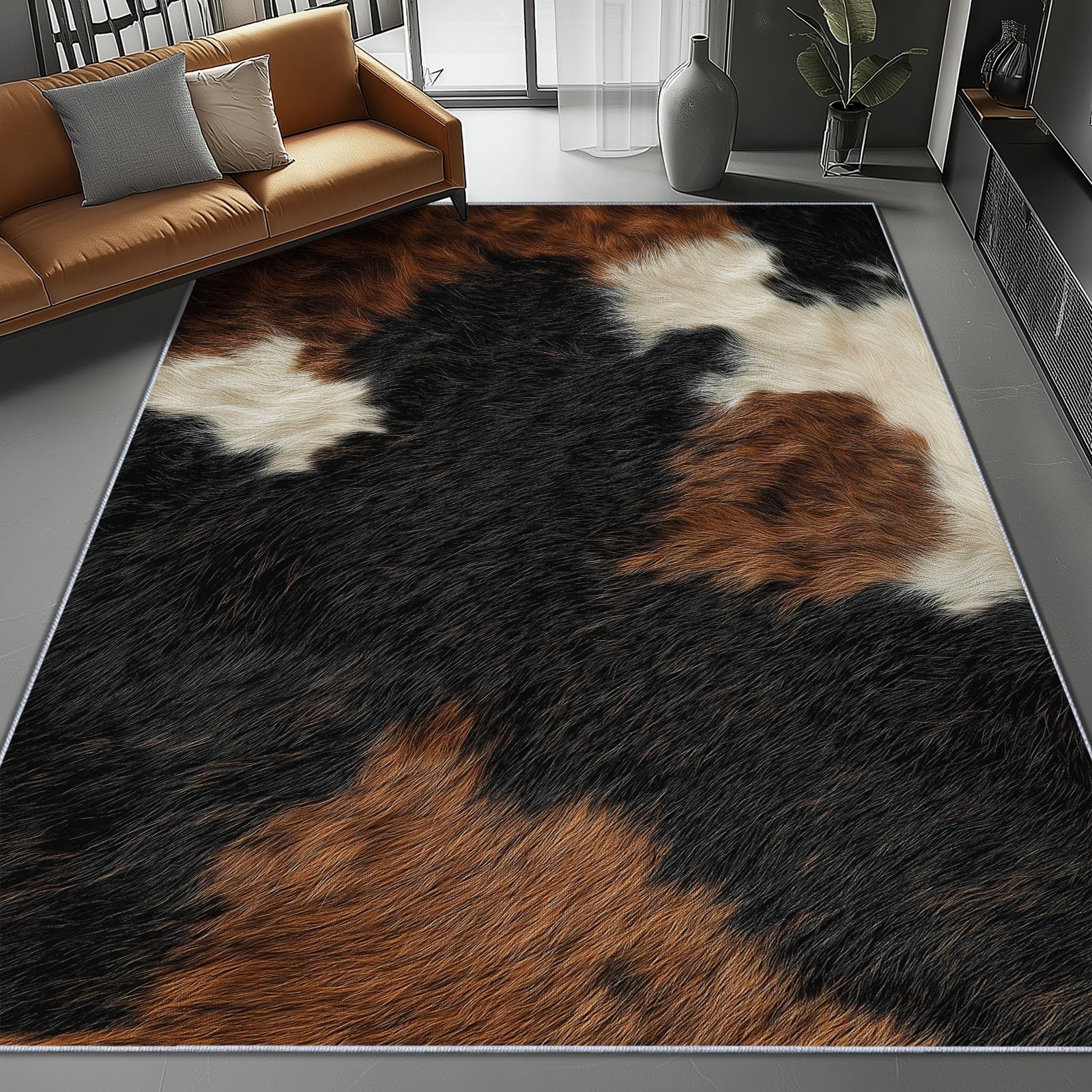 Teppich Wohnzimmer Waschbar 80x150 cm – Kuhfell Optik Kurzflor Teppiche rutschfest, Felloptik Braun Schwarz Weiß, Weicher Schlafzimmer Teppich & Flächenteppich, Moderner Flächenteppich Pflegeleicht