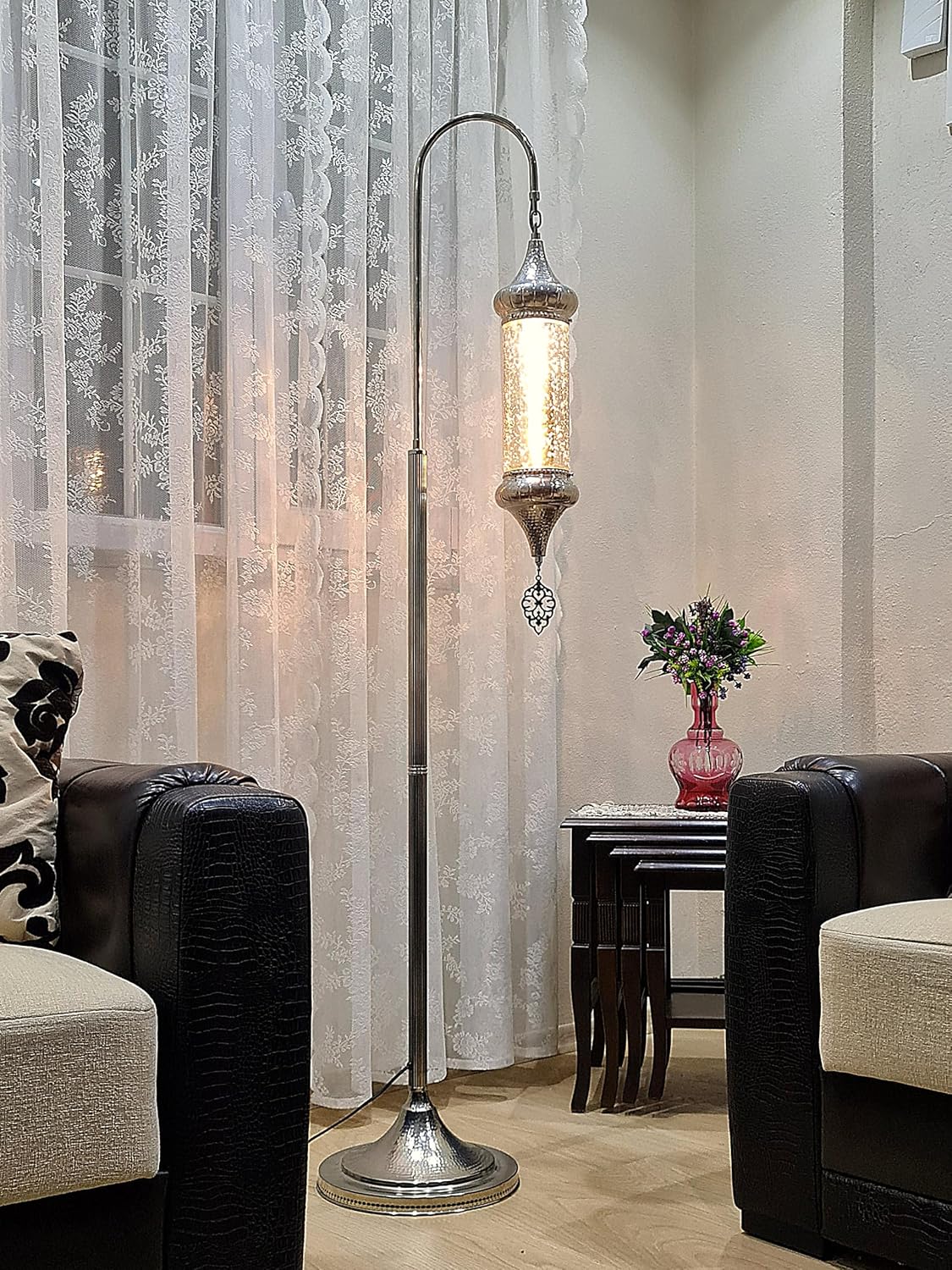 Turkish Light Floor Lamp Elegant Moroccan Design Silver Color Cylinder Glass Standing Lamp for Exquisite Home Decor Handmade Home Decor Combines Artistry and Modern functionality