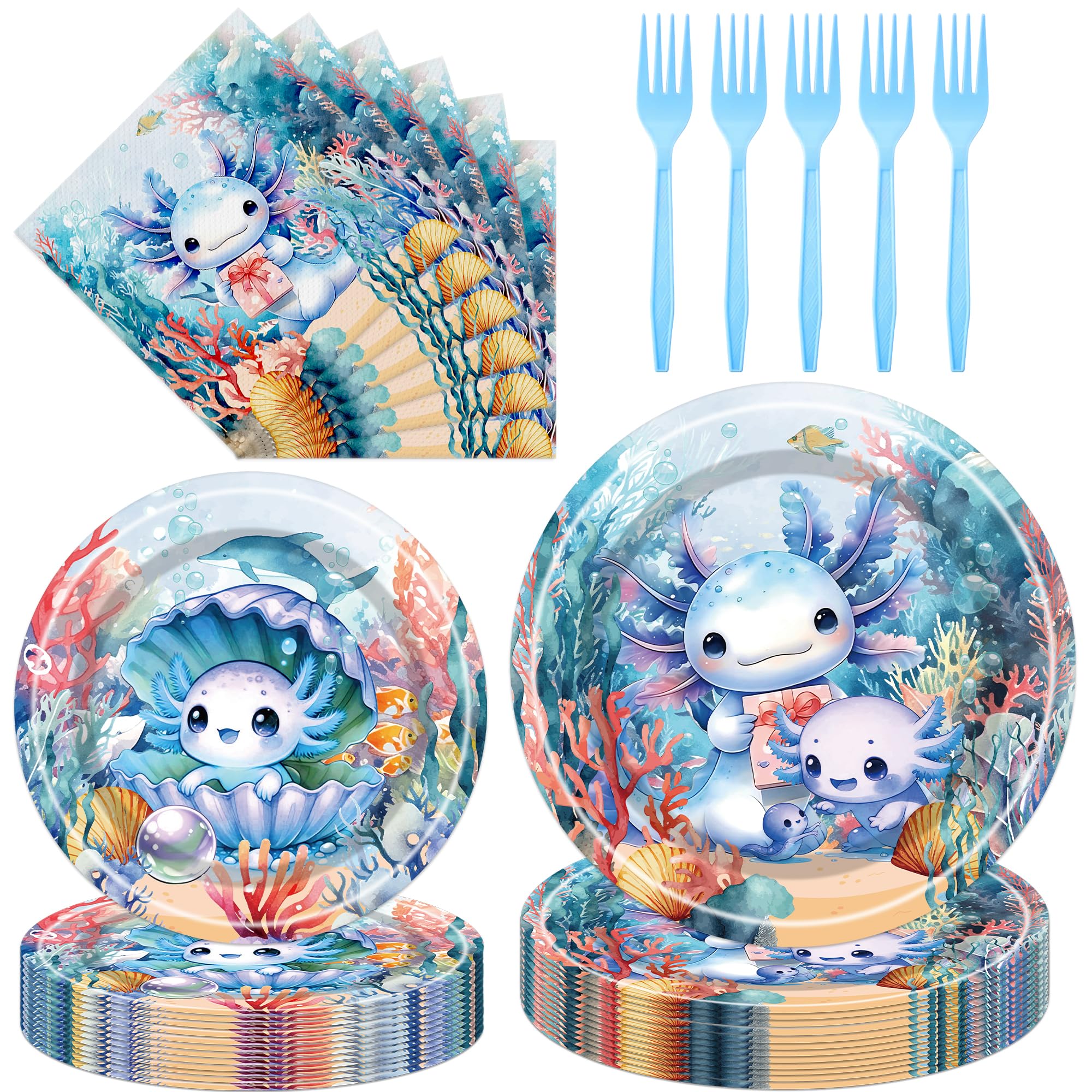 iPartyGo Blue Axolotl Party Plates Decorations - 96 PCs Cute Cartoon Tableware Supplies Dinner Favors Animals Disposable Paper Napkins Forks Decor for