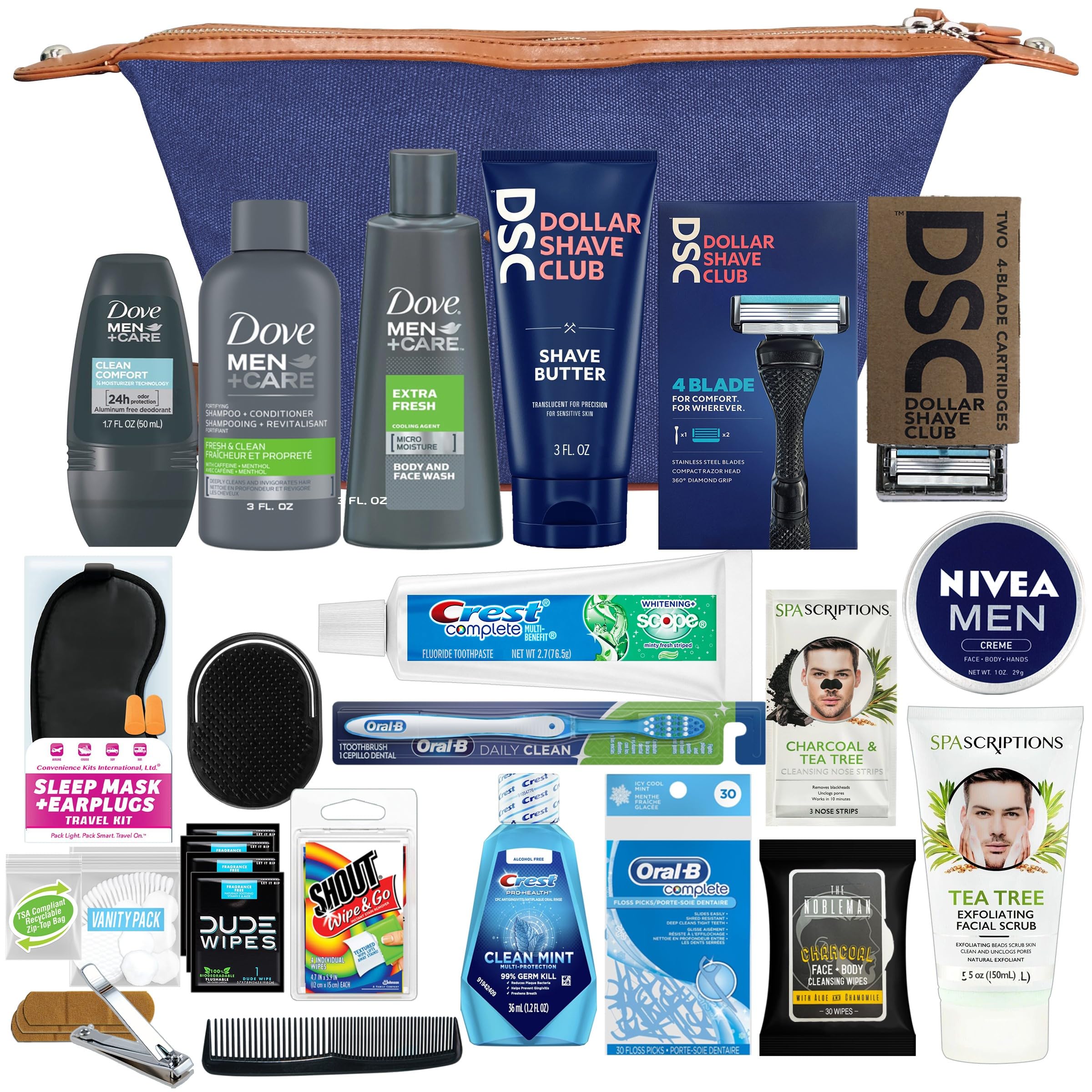Men’s Super Premium 34 PC Travel Kit Featuring: Travel-Size Hair Care Products Plus Face, Body, Oral Care, Travel Essentials in Large Canvas Toiletry Bag (Navy)