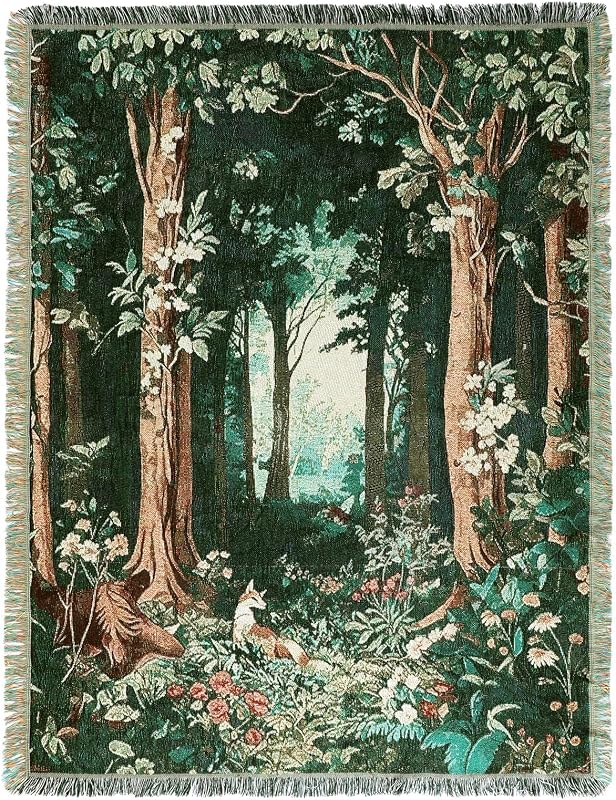 Moukeren Manta de tapiz tejida de bosque de 60 x 50 pulgadas con borlas de colores, tapiz natural, manta acogedora de bosque para sofá, silla, regalo para decoración del hogar para colgar en la pared