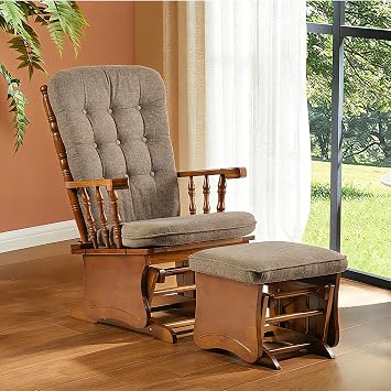 Solid Wood Nursery Glider and Ottoman Set, Anti-Pinch Safe Rocking Chair with Padded Cushion, Rustic Rubber Wood Glider for Nursing Mother, Living Room, Bedroom, Brown