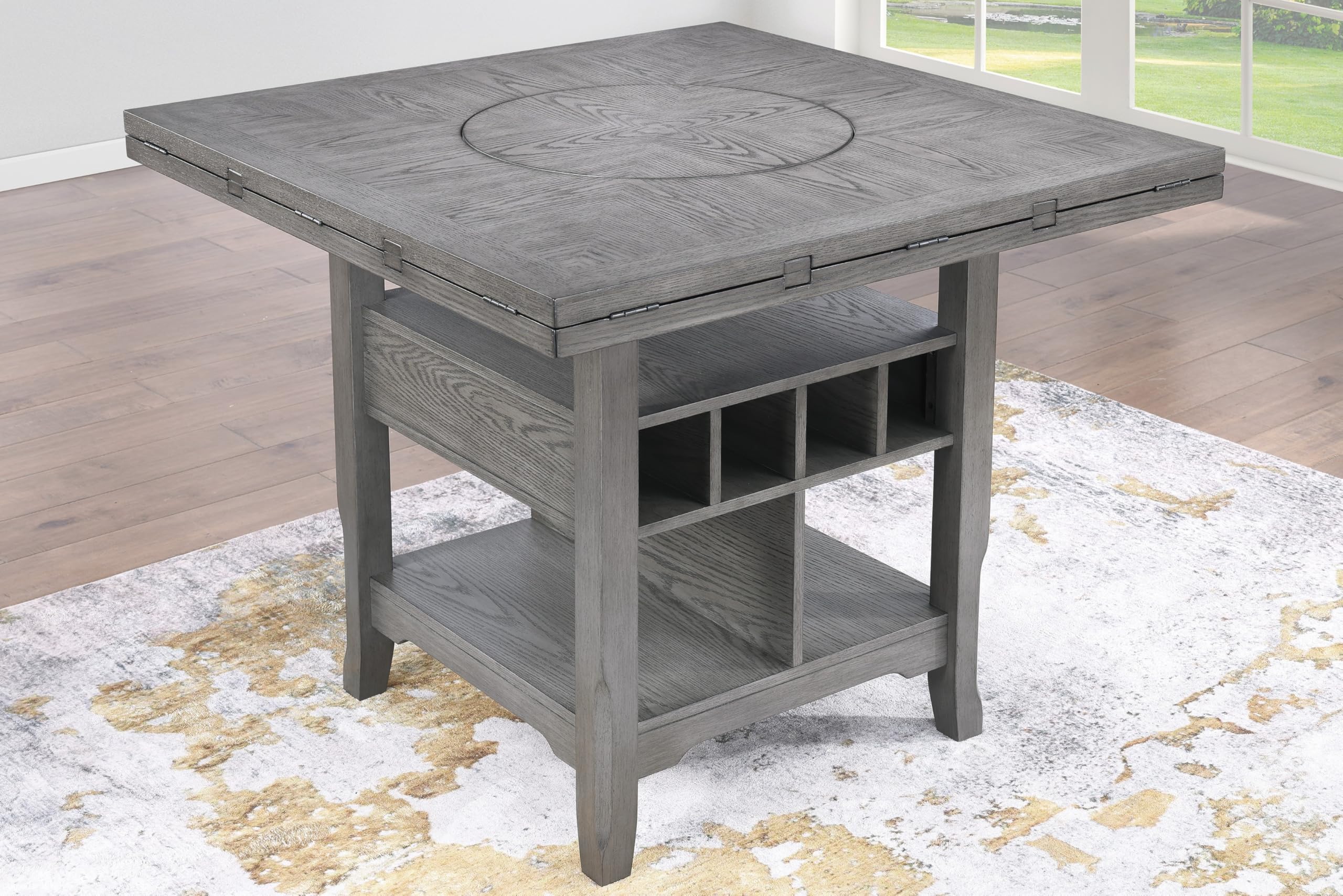 Gray Dining Table with Lazy Susan Storage Shelf, 1-Piece Counter Height Kitchen Table for Versatile Dining Room Use