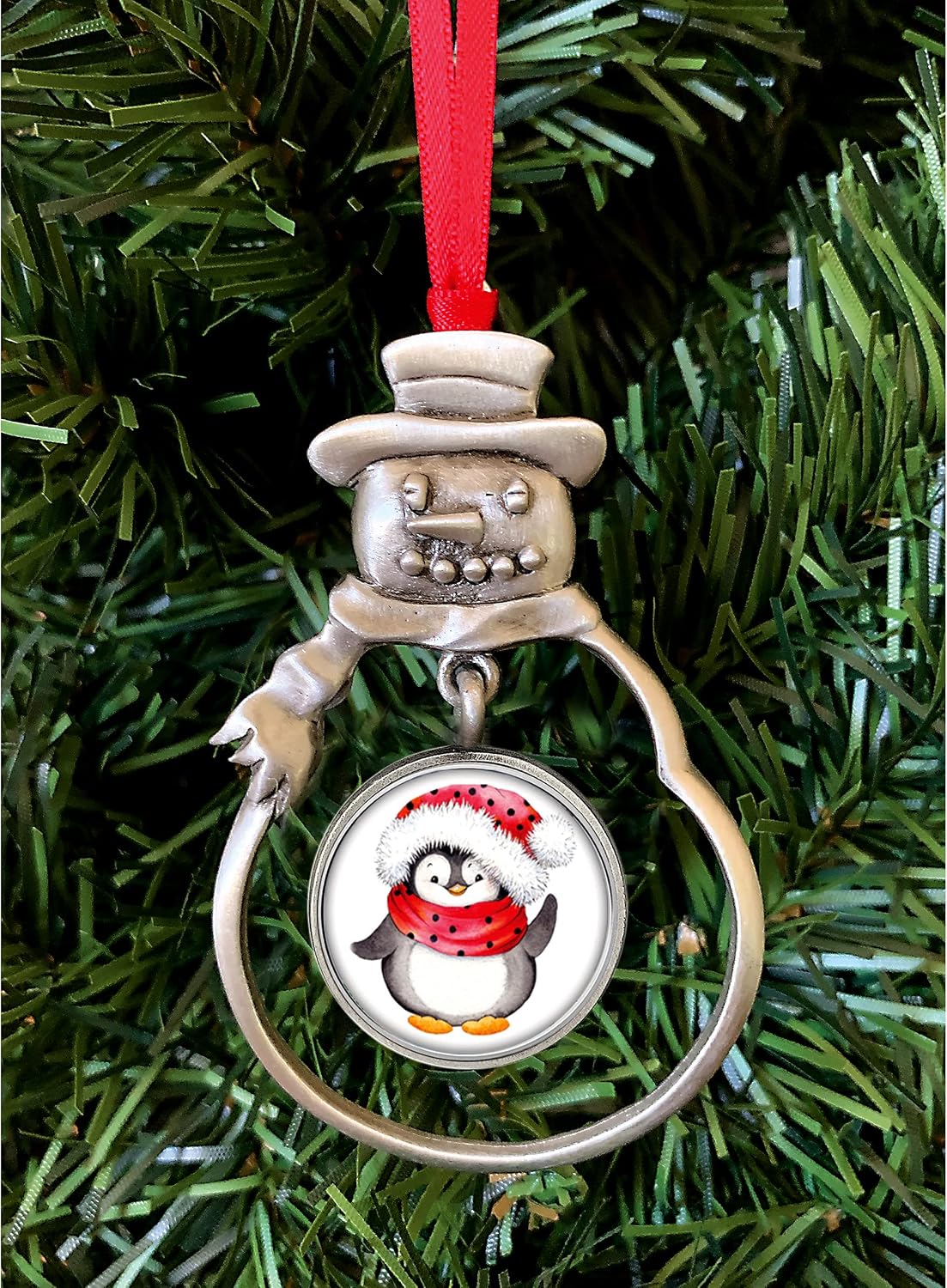 Penguin Coin Snowman Silvertone Pewter Ornament| Colorized Quarter | Red Ribbon | Certificate of Authenticity