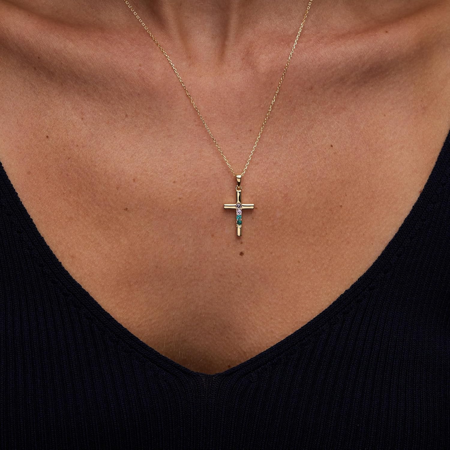 EVE'S ADDICTION Custom Gold Tone Birthstone Cross Necklace for Women, 18" Chain - 2 Stone CZ Cross Necklace for Her - Communion Gift - Gift for Easter - Gifts for Mom