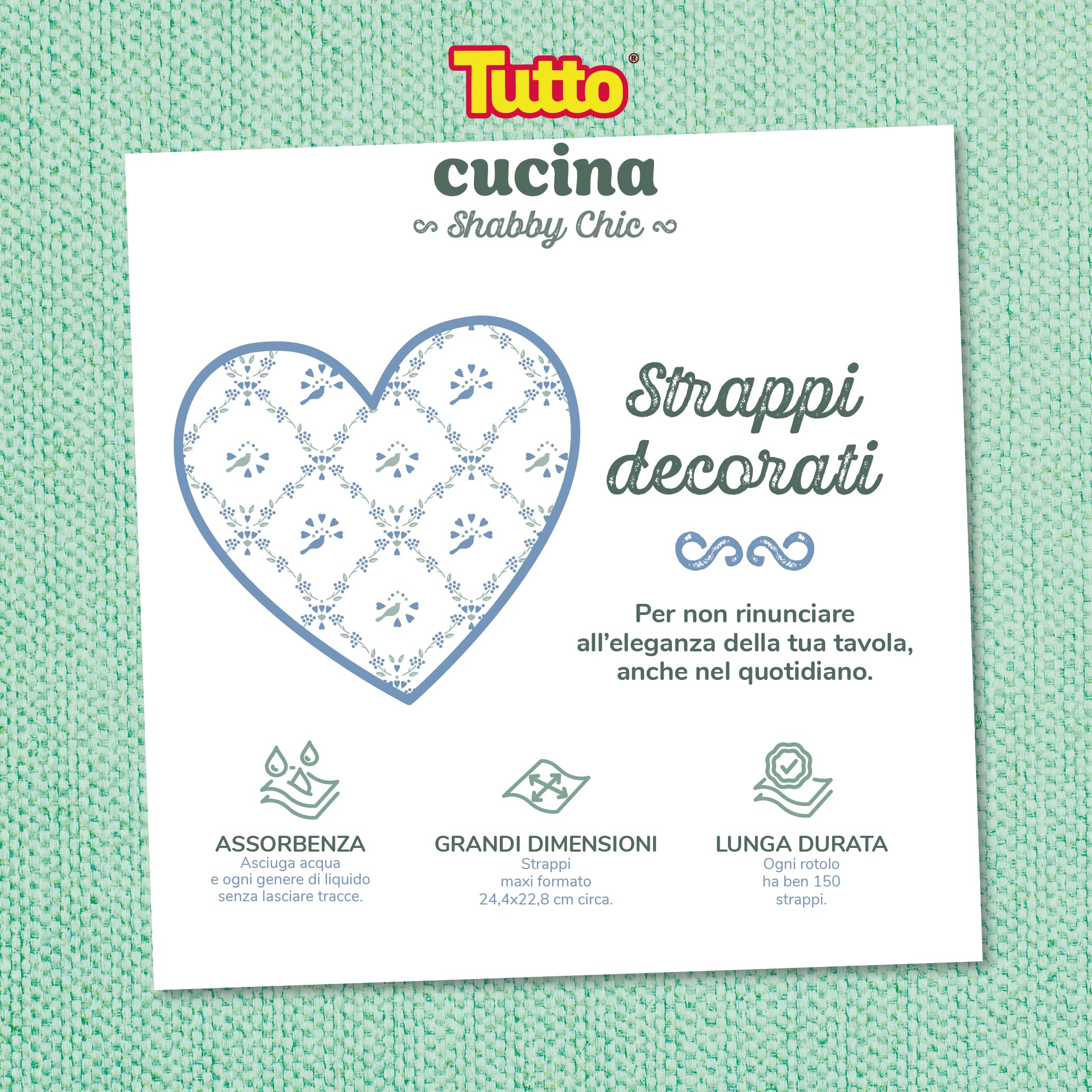 Tutto Shabby Chic, 150 Strappi 2 Veli per Rotolo, 12 Rotoli di Carta Multiuso Elegante e Resistente, Ideale per la Pulizia della Cucina e per Ogni Superficie, 100% Made in Italy