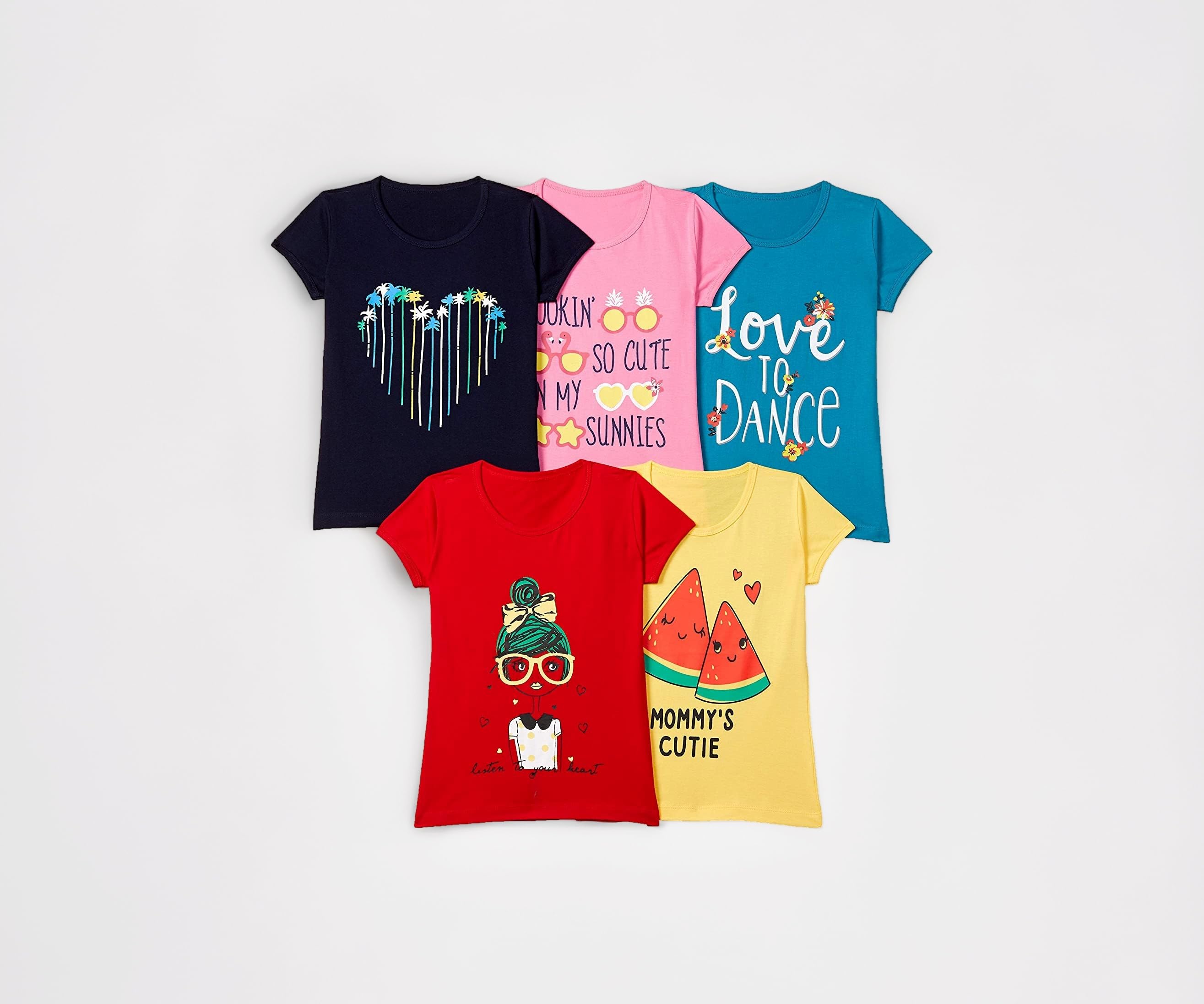 T2F Girls Cotton Printed Regular Fit T-Shirt (Pack of 5)