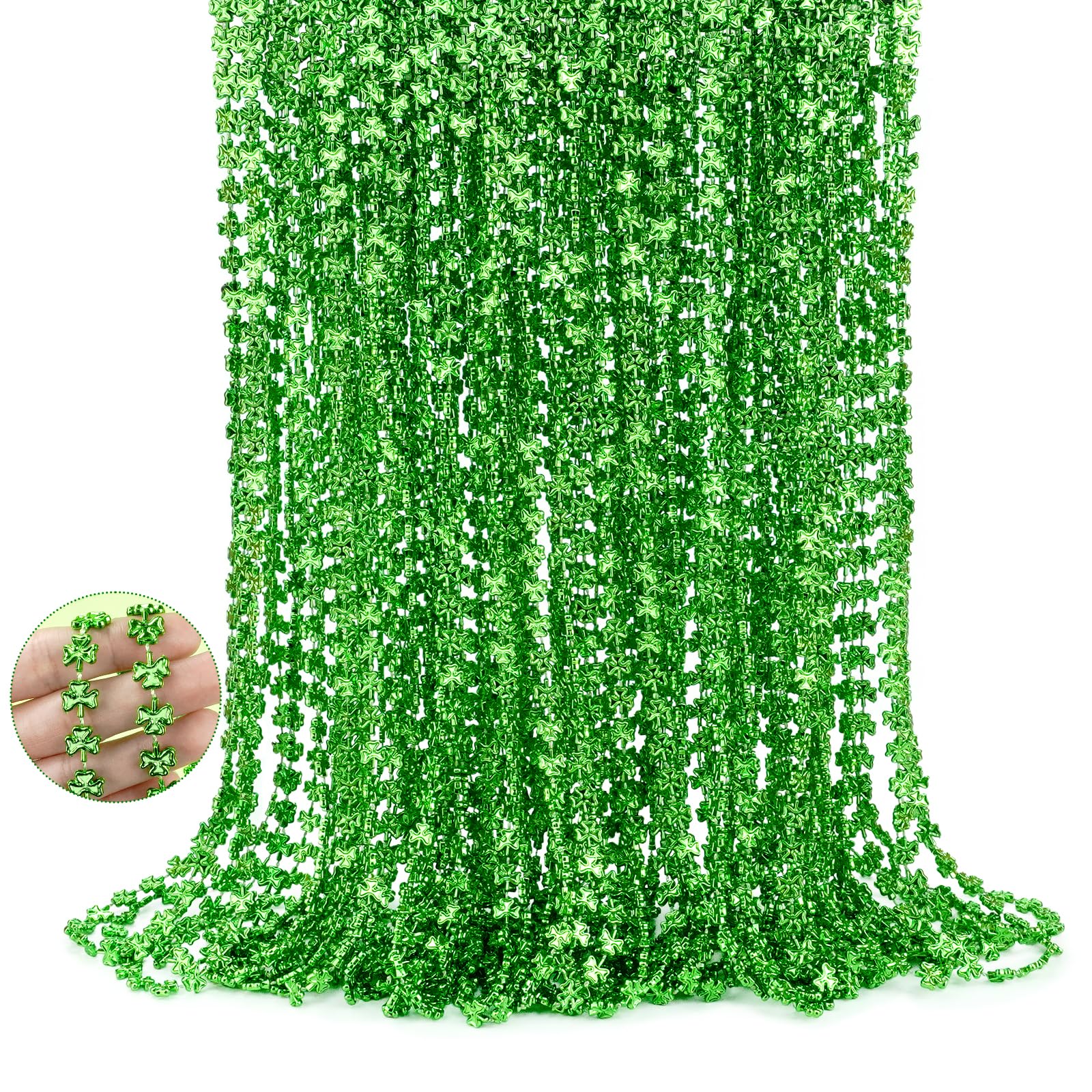 St. Patricks Day Shamrock Beads Necklaces Bulk, 72Pcs 33'' Metallic Green Shamrock Clover Bead Necklaces St Patrick's Day Necklaces for Saint Patrick's Day Irish Mardi Gras Party Favors