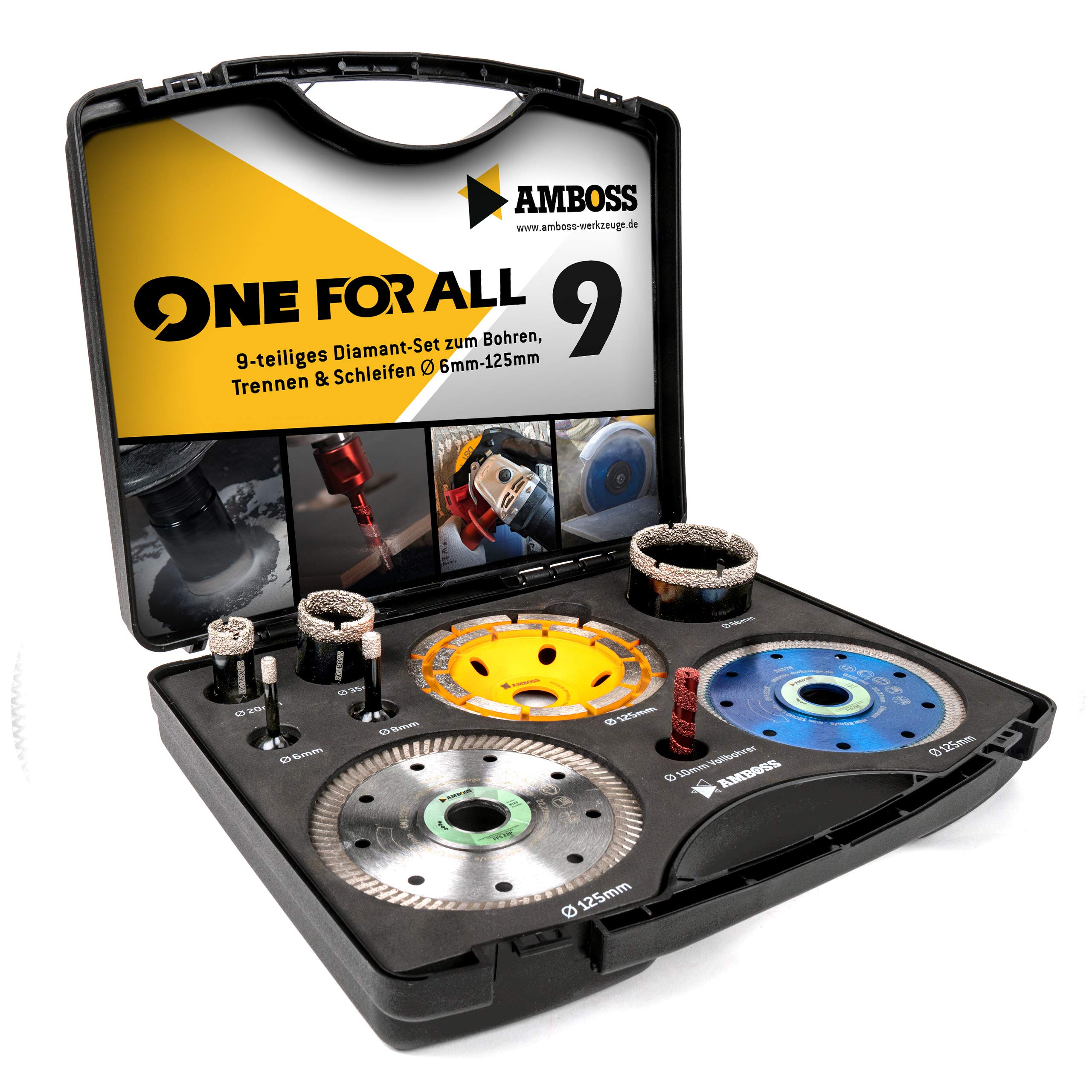 Amboss - Set Diamant-Lochsägen + Trennscheiben + Schleiftopf/One For All Set 9 / Ø 6-125 mm/perfekt für Sanierungen im Küchen- und Sanitärbereich/geeignet für Winkelschleifer