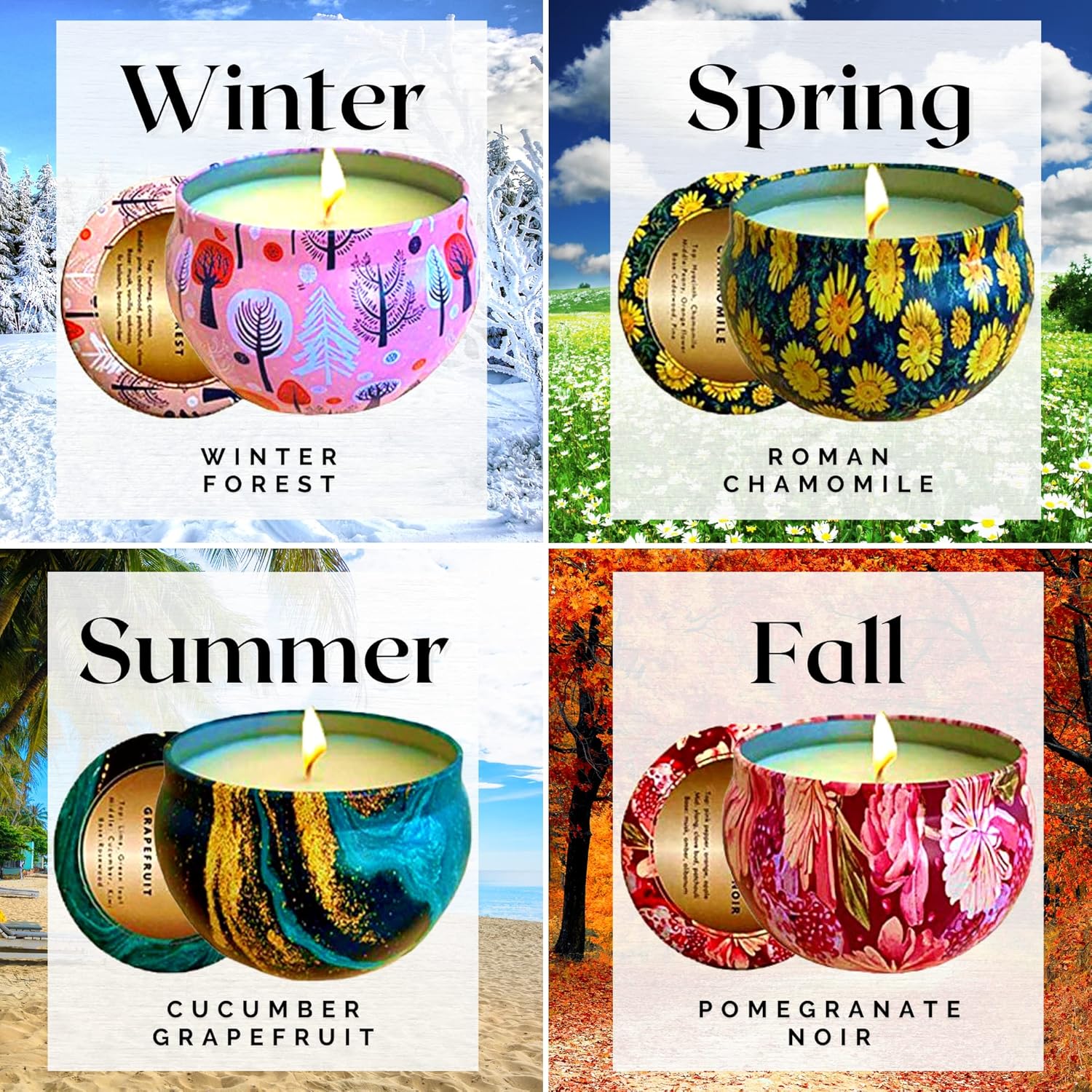 Tin Candle Gift Set Bundle | Nature Candle Set and Four Season Candle Gift Set | Aromatherapy Candles for Stress Relief, Small Candles with Lid, Relaxing Candles, 8 x 6 Oz Candle Gifts for Coworkers : Health & Household