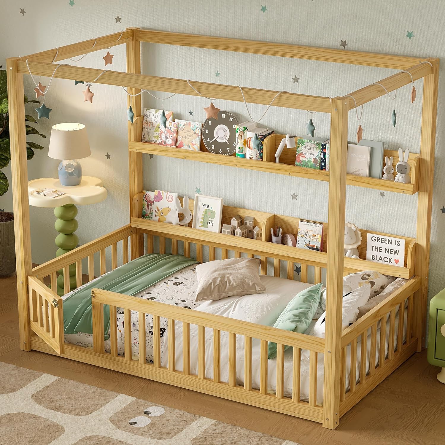 GOWE Twin Size Canopy Bed with Guardrails, Solid Wood Floor Bed with Shelves, Montessori Floor Bed Frame for Kids, Boys, Girls, No Spring Box Needed, Natural