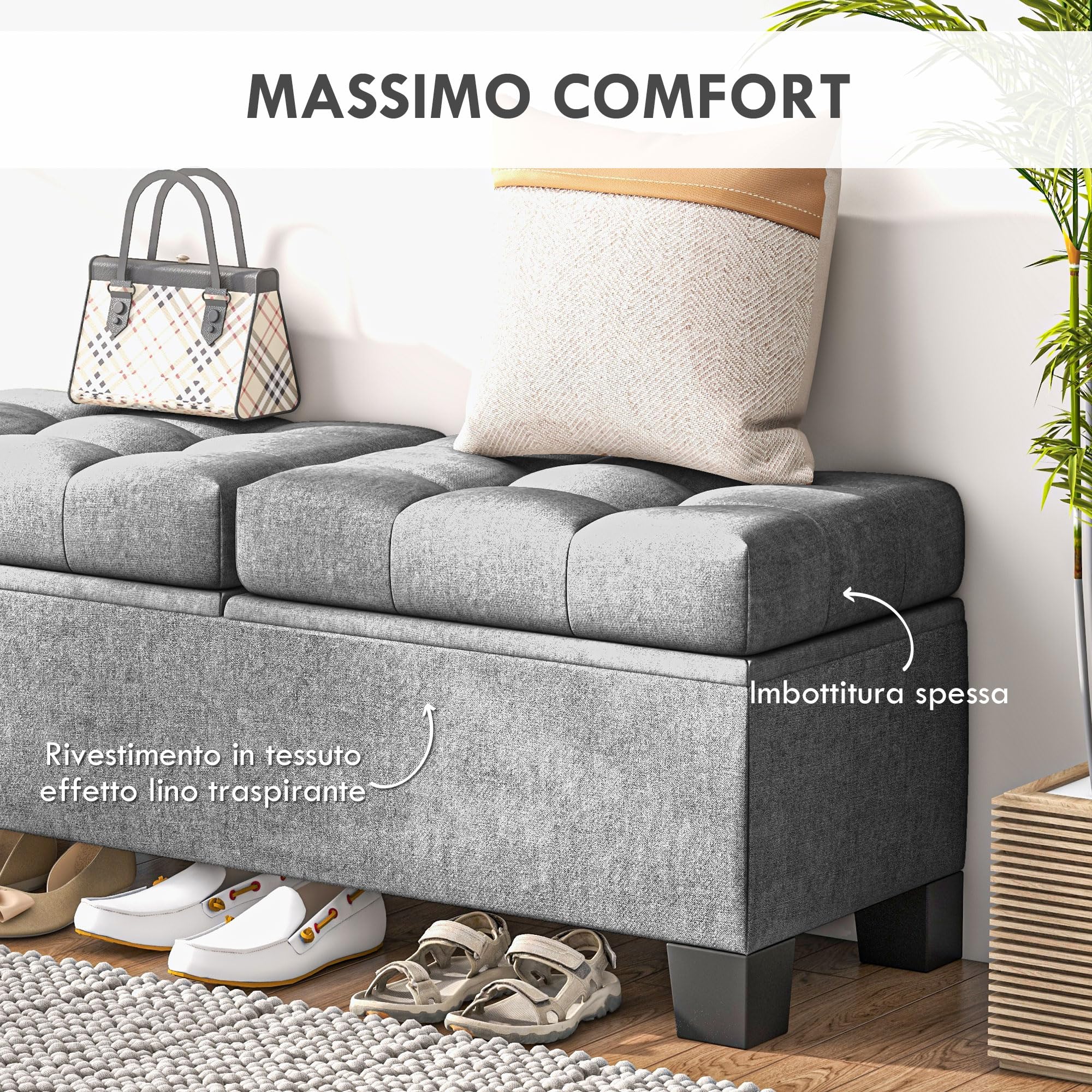 HOMCOM Panca Contenitore Fondoletto con Imbottitura 116x41x47cm Grigio | in Tessuto, Trapuntata a Bottoni, Panca per Ingresso e Camera da Letto