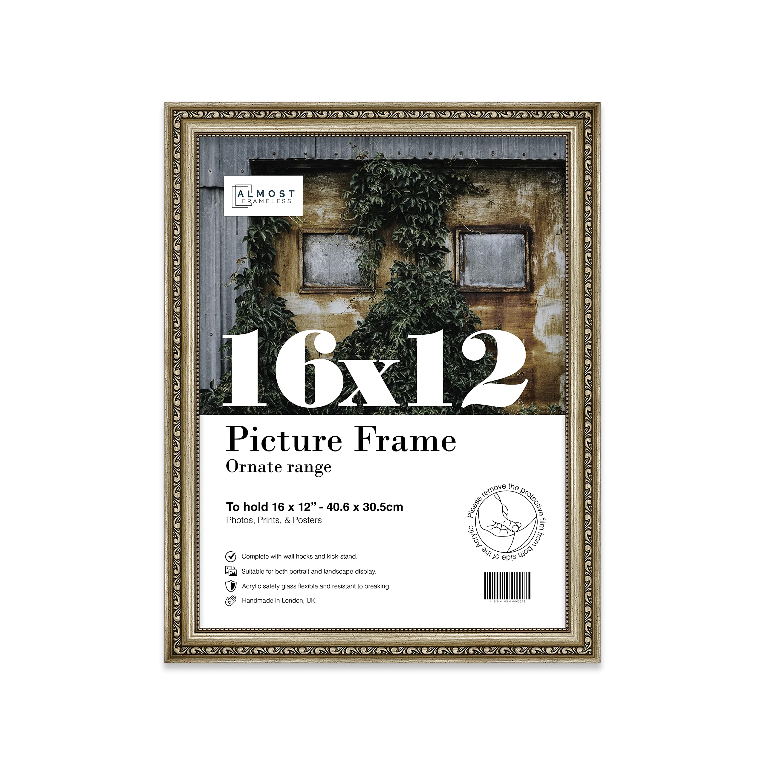 Almost Frameless 16x12 Champaign Ornate Picture Frame 16"x12"(40.6x30.5cm) Poster, Photo, Artwork, or Print. Shabby Chic Style Portrait and Landscape Display with Wall Hooks