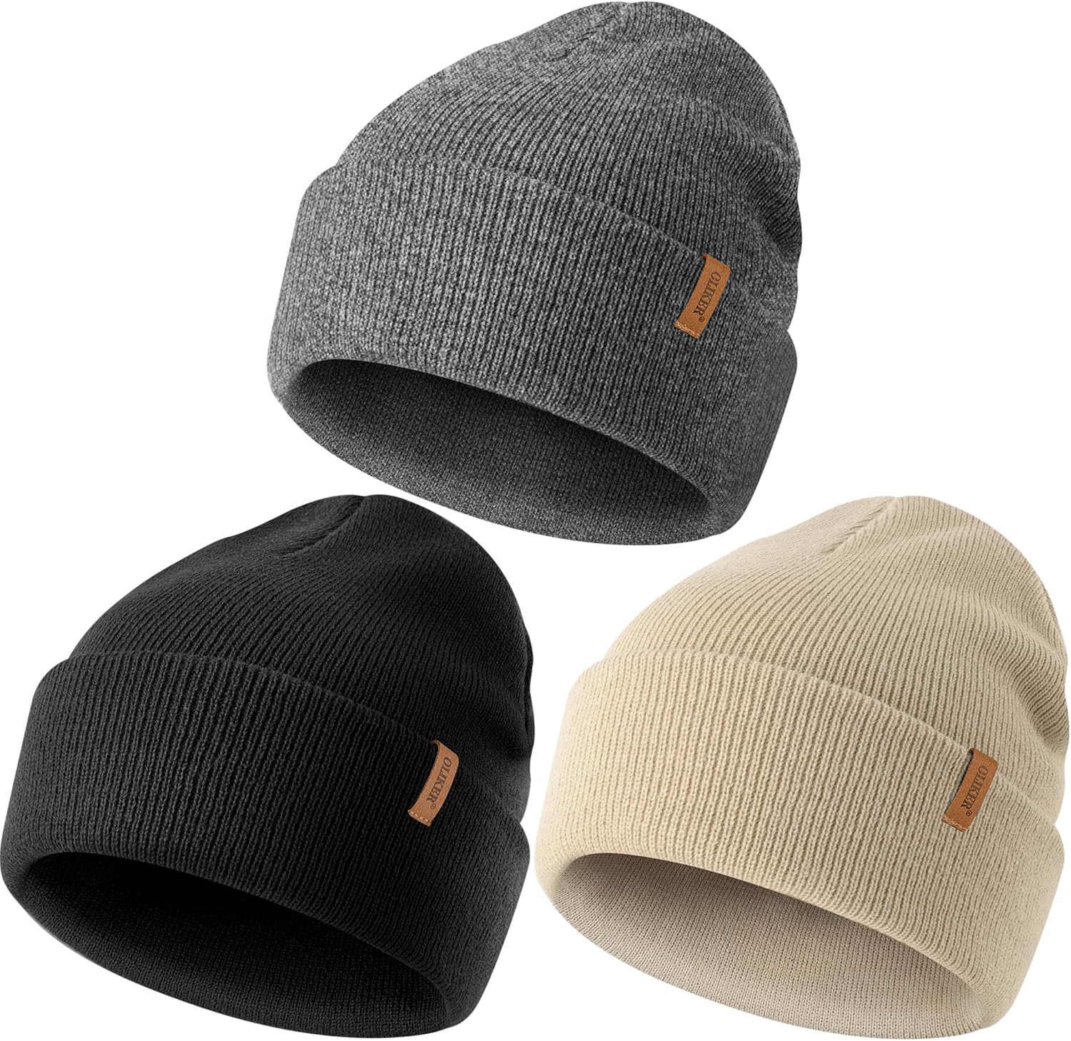 OLIKER 3-Pack Unisex Beanies: Cozy Double-Layer Knit Caps for Winter