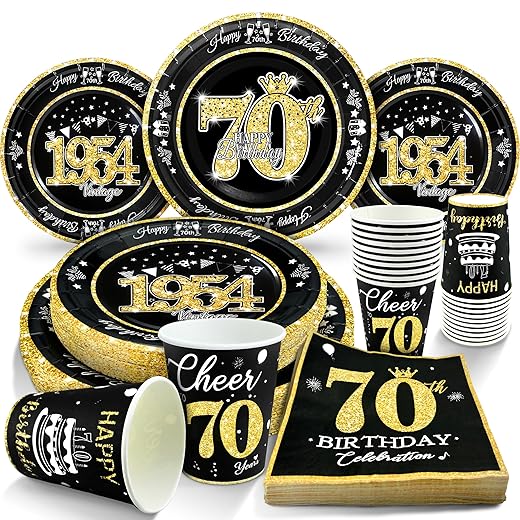 70th Birthday Decorations Plates and Napkins Black and Gold, Service for 30, Vintage 1954 Birthday Party Bundle Includes Black Gold Plates, Napkins, Cups 70th Birthday Supplies for Men Women