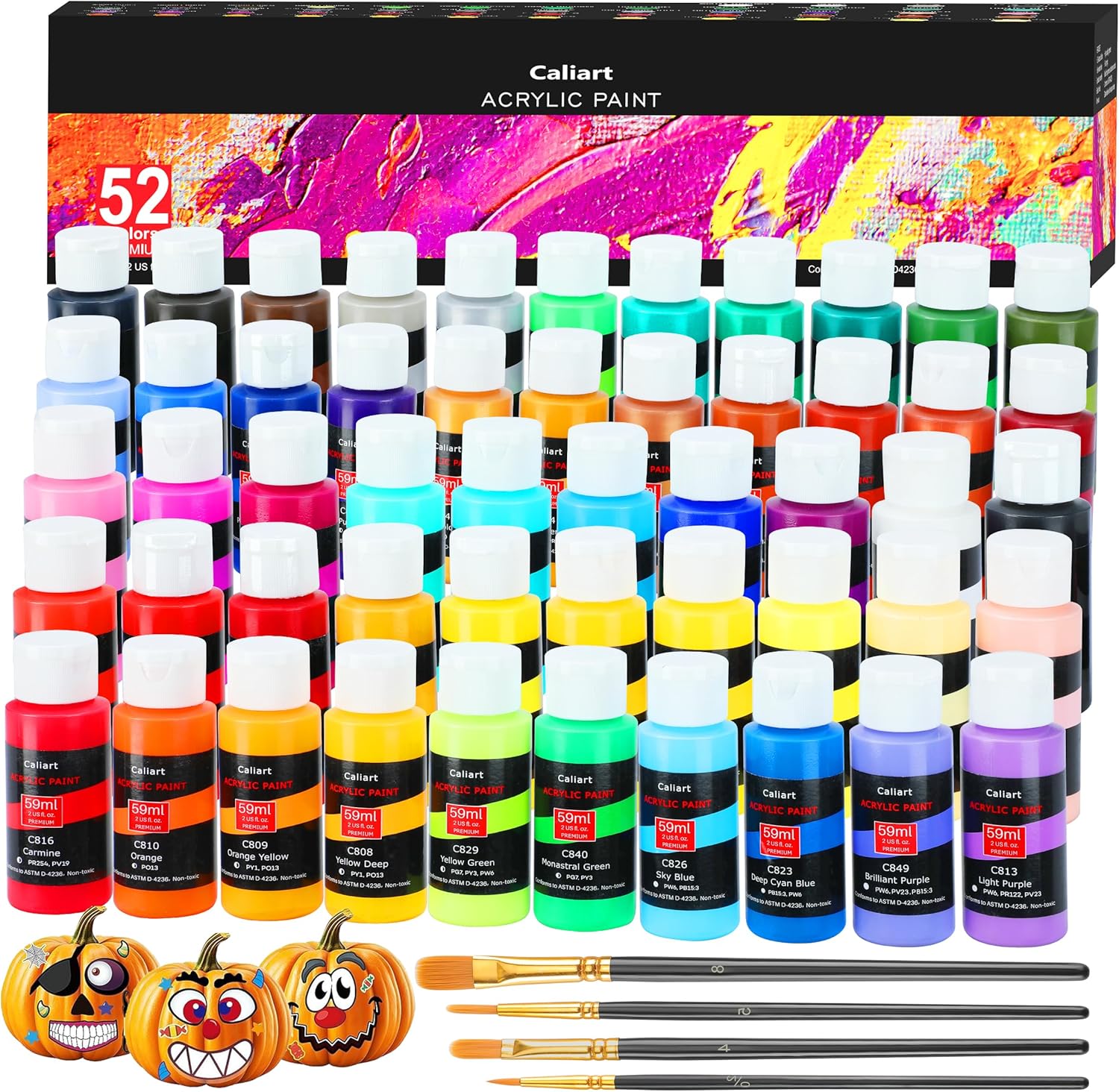 Caliart Acrylic Paint Set, 52 Colors Art Craft Paints, Rich Pigments Water Proof for Adults Artists Beginners, Canvas Ceramic Wood Fabric Rock Painting Kit Art Supplies with 4 Brushes