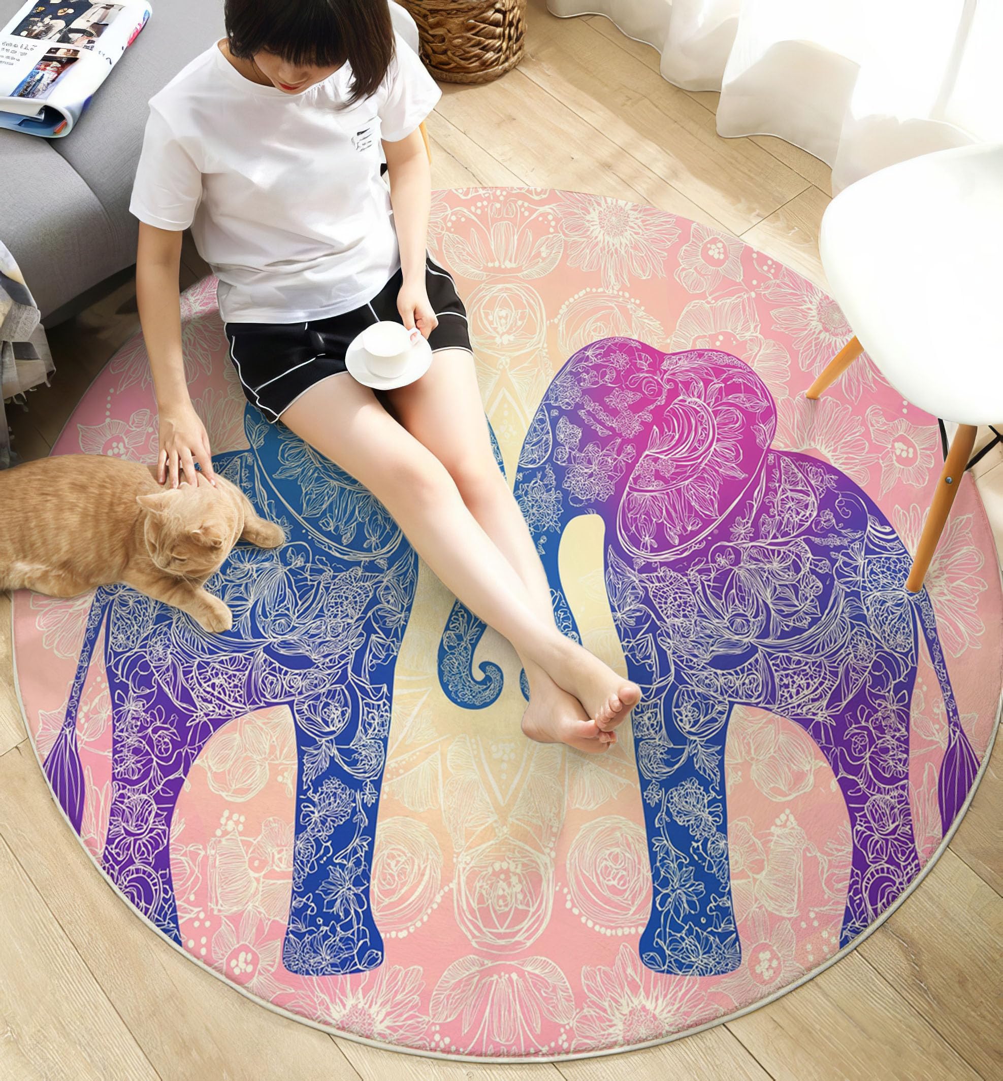 Mandala Elefante Rond Tapis De Décoration, Boho Retrò Tapis Rond Lavable en Machine Anti-Dérapant Intérieur Ultra Doux Chambre Sol Canapé Salon (180cm, Rosa)