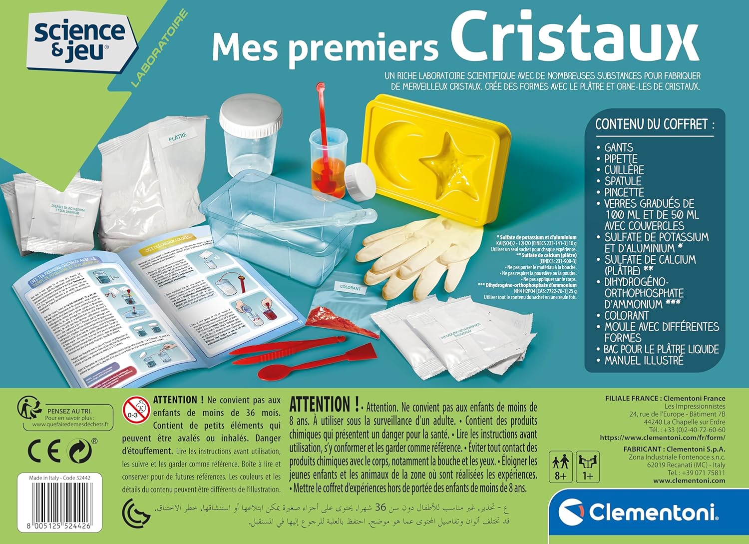 A close-up view of the Clementoni Create Your Crystals kit components, including powders, beakers, and the instruction manual, ready for setup.