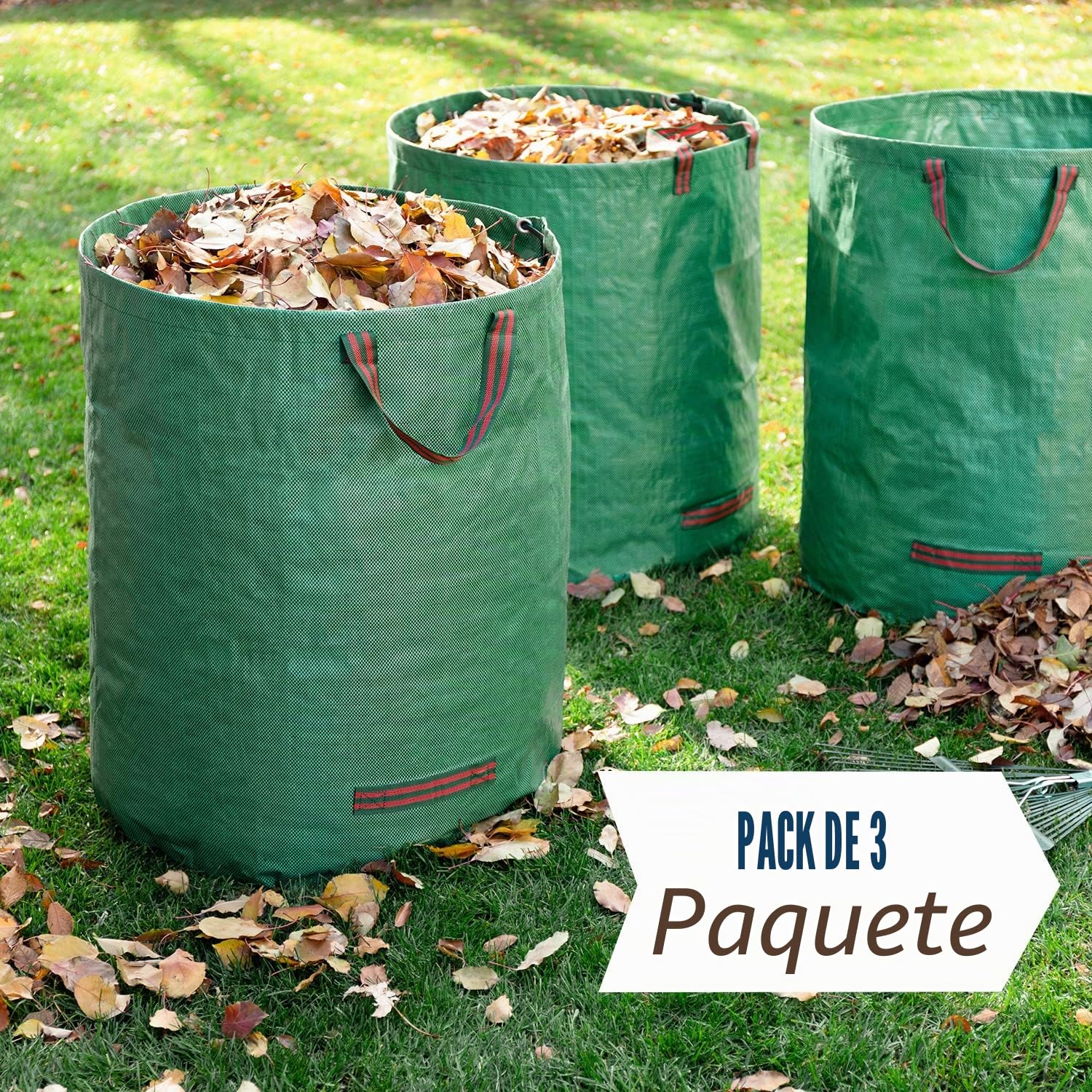 MP Bolsas de Jardín Reutilizables, 272 L, Pack de 3 | Impermeables y Ligeras, Asas Reforzadas