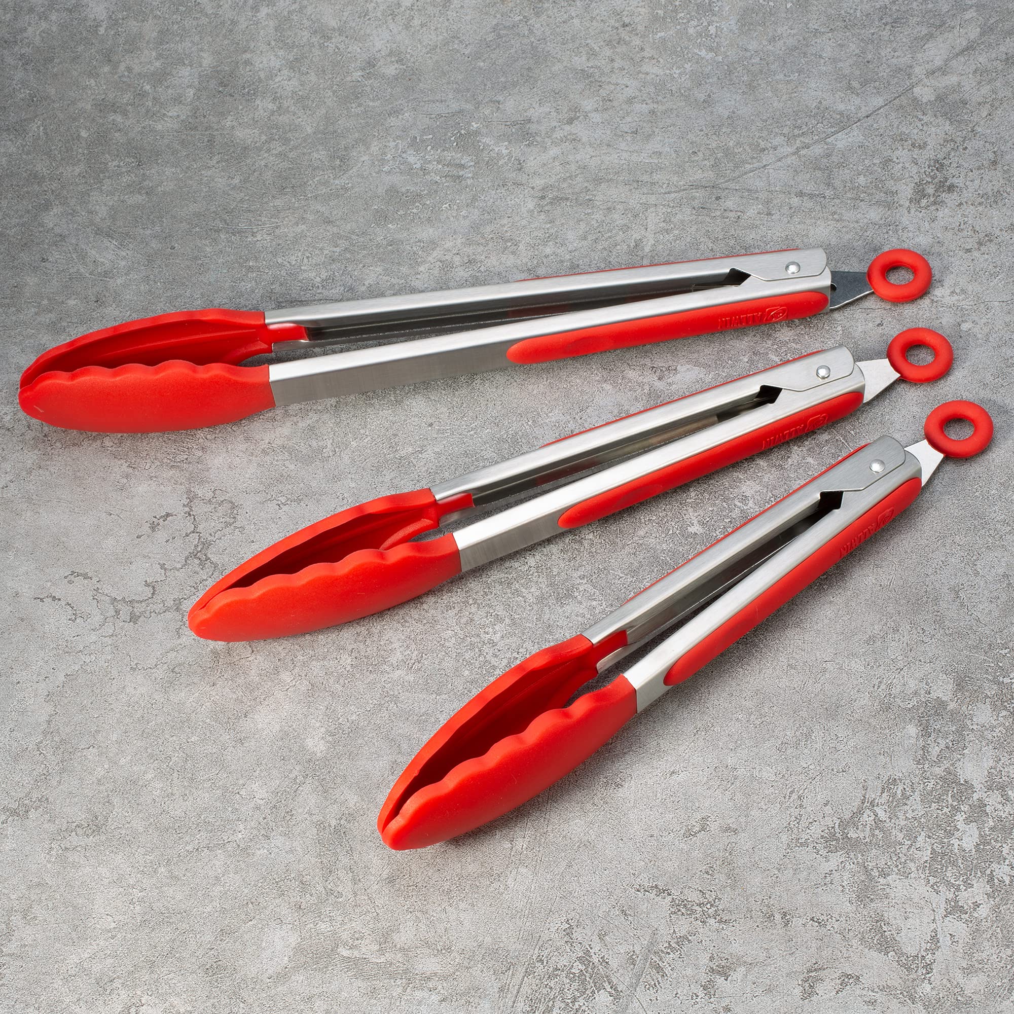 Paquete de 3 pinzas de cocina rojas, silicona premium, sin BPA, antiadherente, de acero inoxidable, para cocinar a la parrilla, pinzas de alimentos, 23,3 cm, 10 cm y 30,5 cm