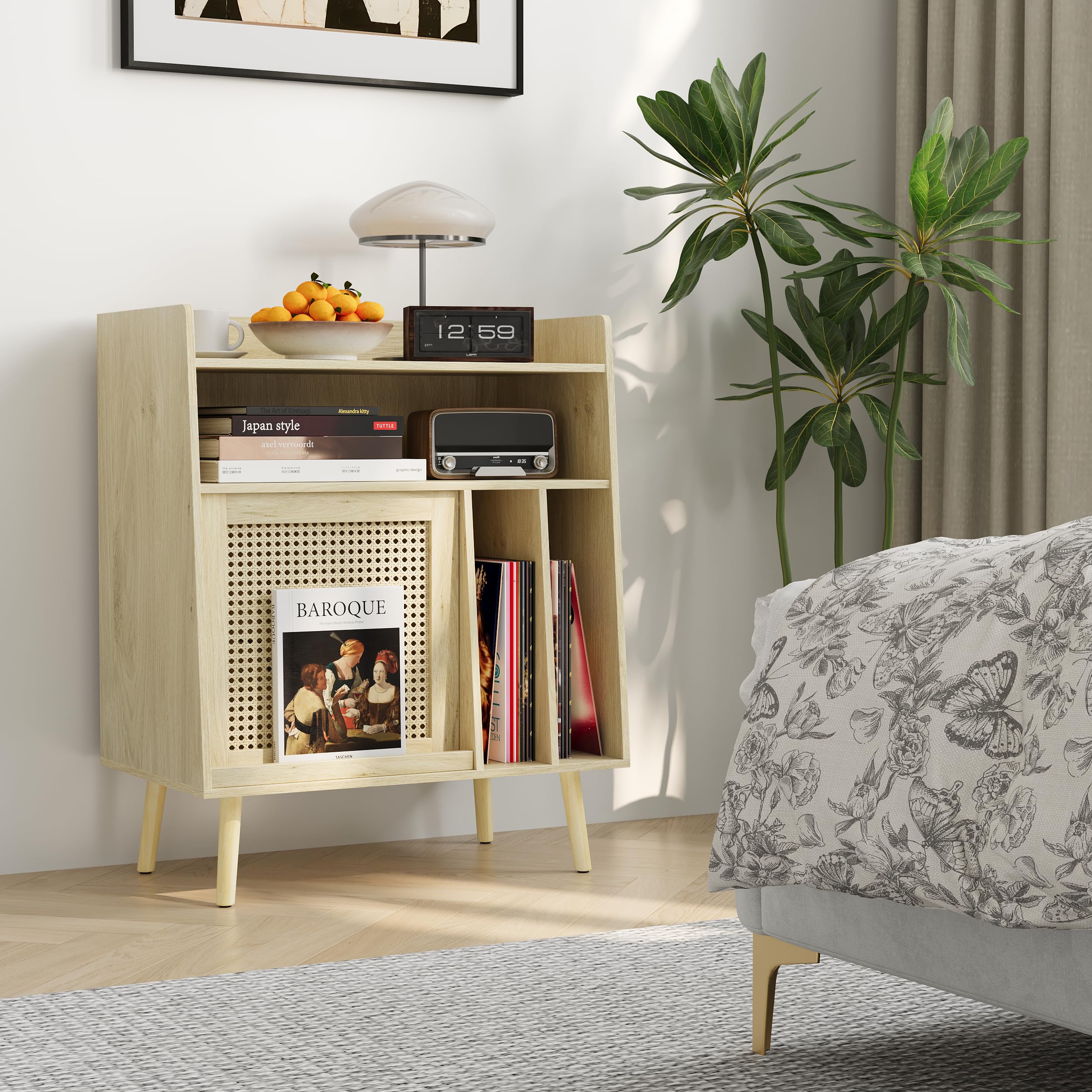 Semiocthome Giradischi con funzione di conservazione in vinile, supporto per dischi con ante in rattan e gambe in legno massello, adatto per giradischi. (grande)