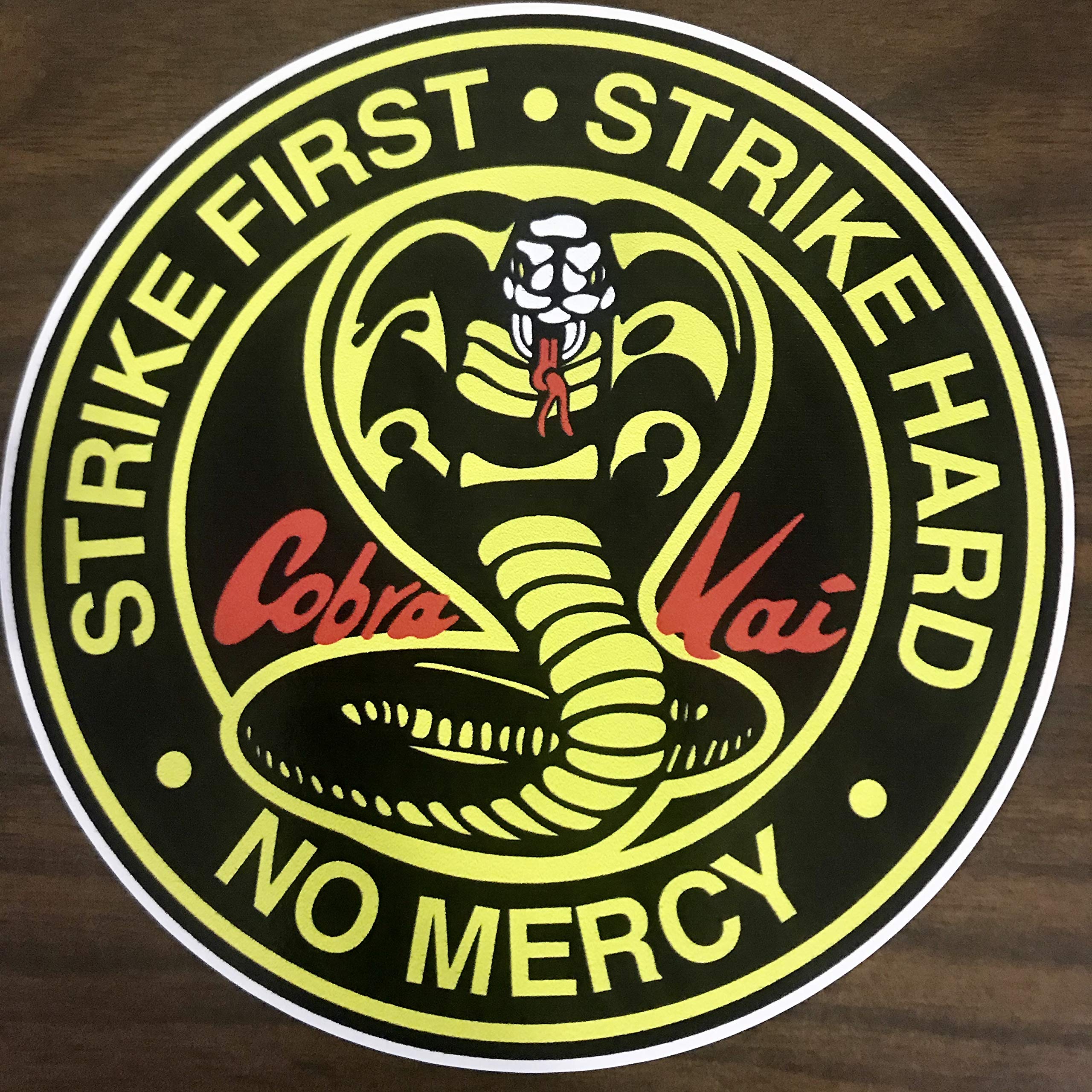 Vinyl Sticker Die Cut Cobra Strike First Strike Hard No Mercy Karate Kai Movie Decal for Car Bumpers Windows Laptops Water Bottle White approx. 4'' X