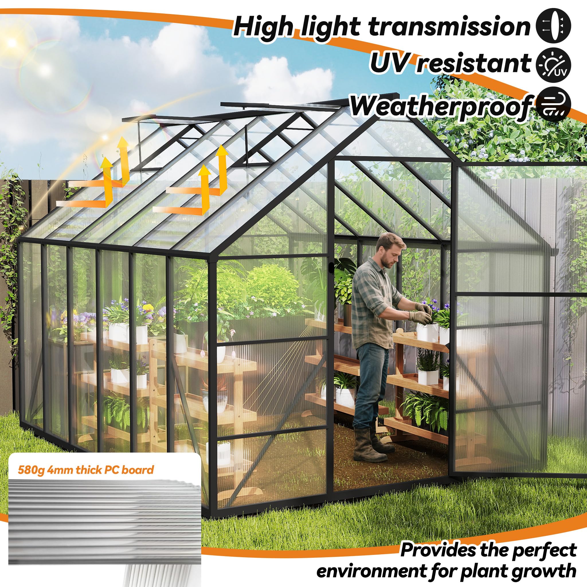 Gewächshaus Aluminium, Treibhaus mit Transparent PC Platten Dachfenster & Tür & Fundament, 125x180x195cm Winterfest Gartengewächshäuser, Begehbares Pflanzenhaus für Garten Outdoor