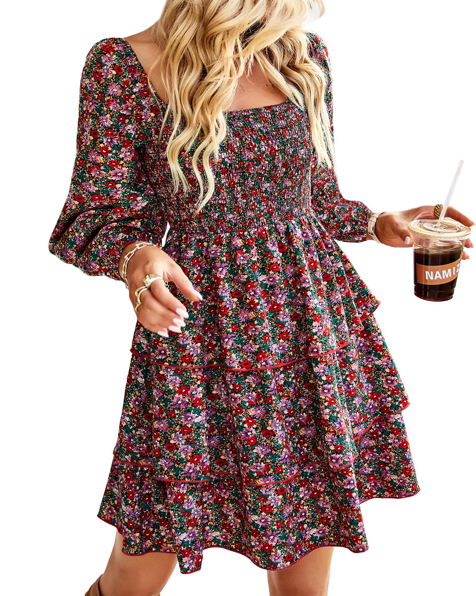 Womens Long Sleeve Dress Vacation Square Neck Smocked Floral Swiss Dot Mini Boho Spring Wedding Guest Dresses 2026