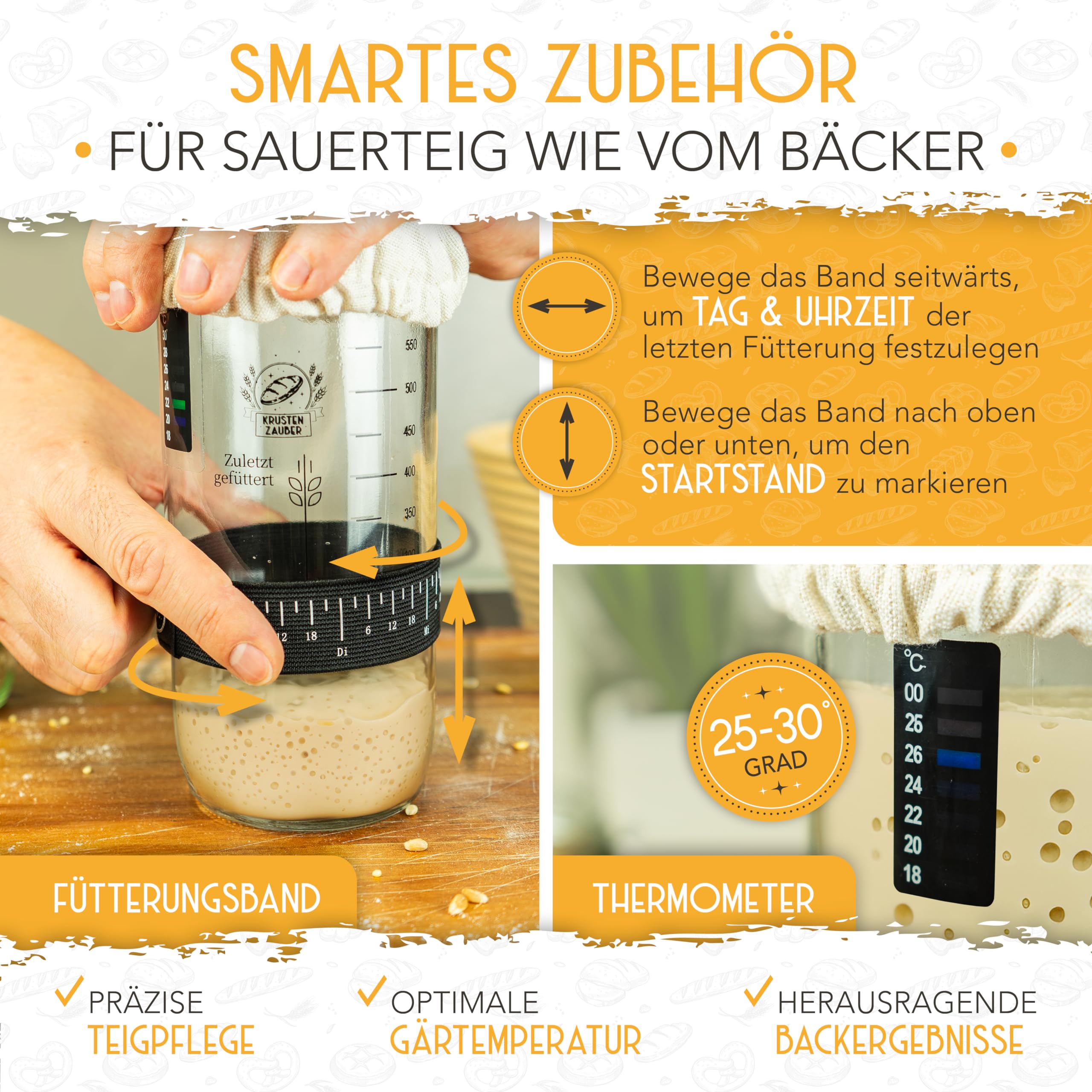 KRUSTENZAUBER Sauerteig Starter Set 2x 600ml Gärglas mit Spatel Thermometer Brot Backen Zubehör