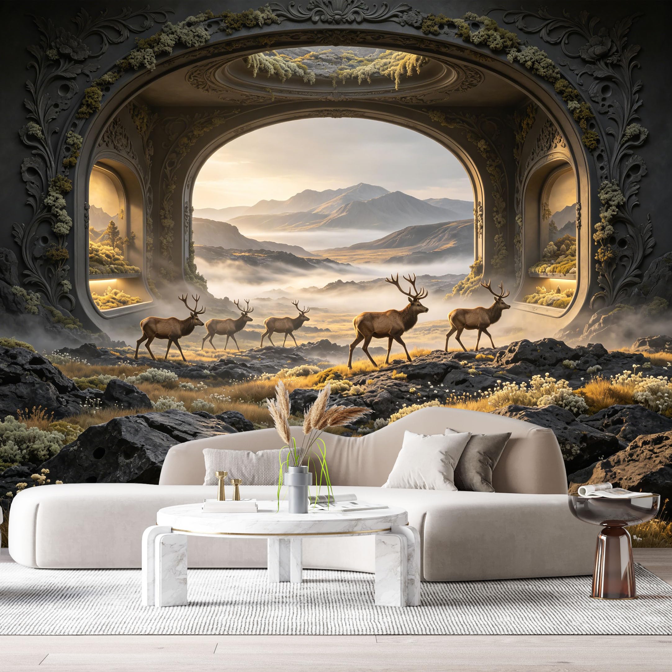 Custom Size Wall Murals Deer Mountain Landscape Arch 3D Trompe L'Oeil SelfAdhesiveWall Fabric Removable Wallpaper Wall Decor for Living Room Bedroom Bathroom