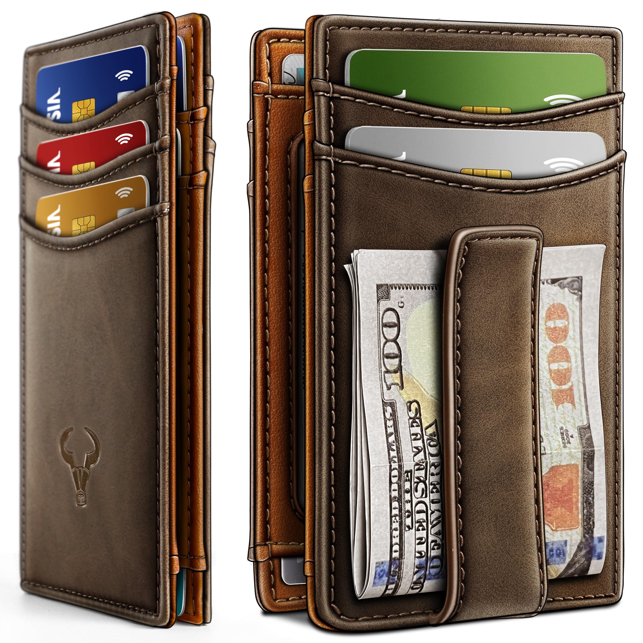 BULLIANT Magnetic Slim Leather Pocket Wallet Money Clip For Men 12Cards