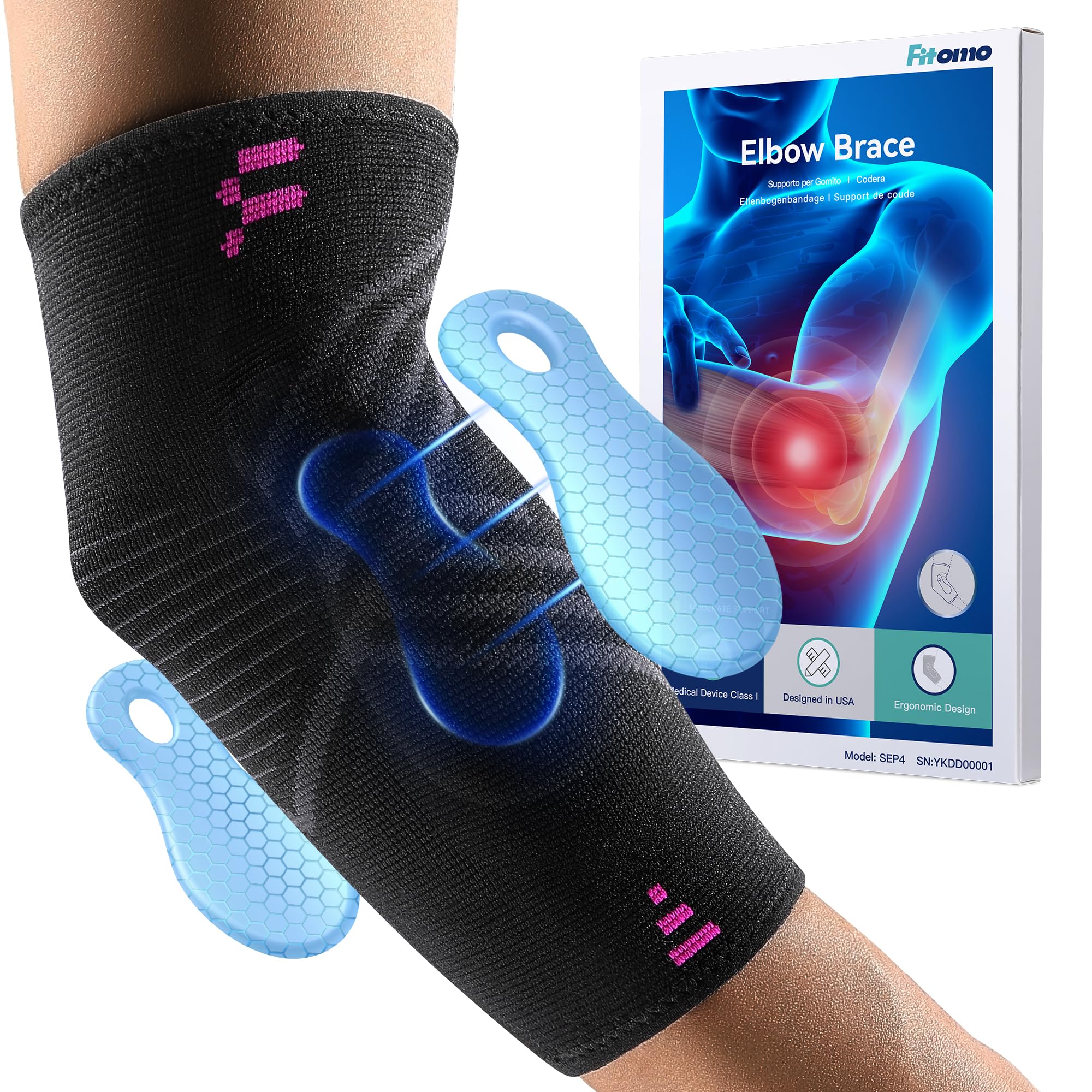 Fitomo Tutore Epicondilite Gomito, Gomitiera per Epicondilite del Tennista e Golfista con 2 Cuscinetti di Compressione, per Alleviare il Dolore della Tendinite -1 Unità