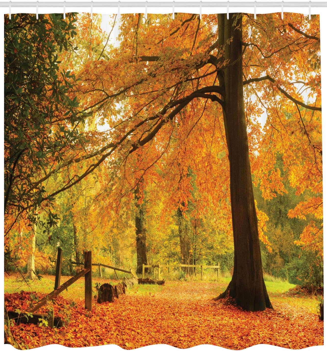 Ambesonne Forest Shower Curtain, Autumn Fall Forest Scene with Vibrant Colors and Pale Leaves Tranquil Peace Nature, Cloth Fabric Bathroom Decor Set with Hooks, 69" W x 75" L, Orange Brown