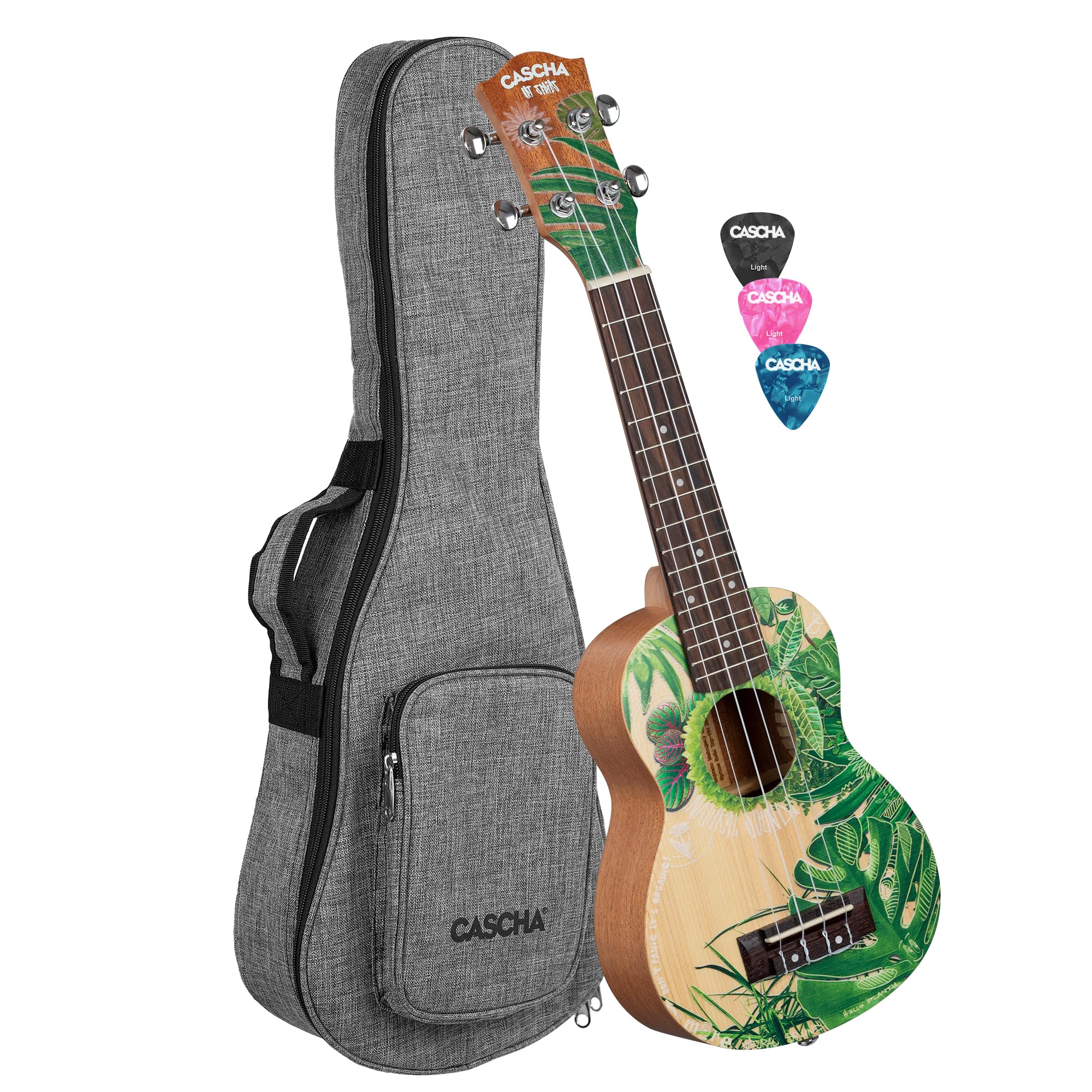 Cascha Zestaw ukulele sopranowe – Art Series I zestaw startowy do ukulele z 3 kolorowymi kostkami i torbą I ukulele sopranowe Premium mahoń, mała gitara hawajska dla początkujących i zaawansowanych